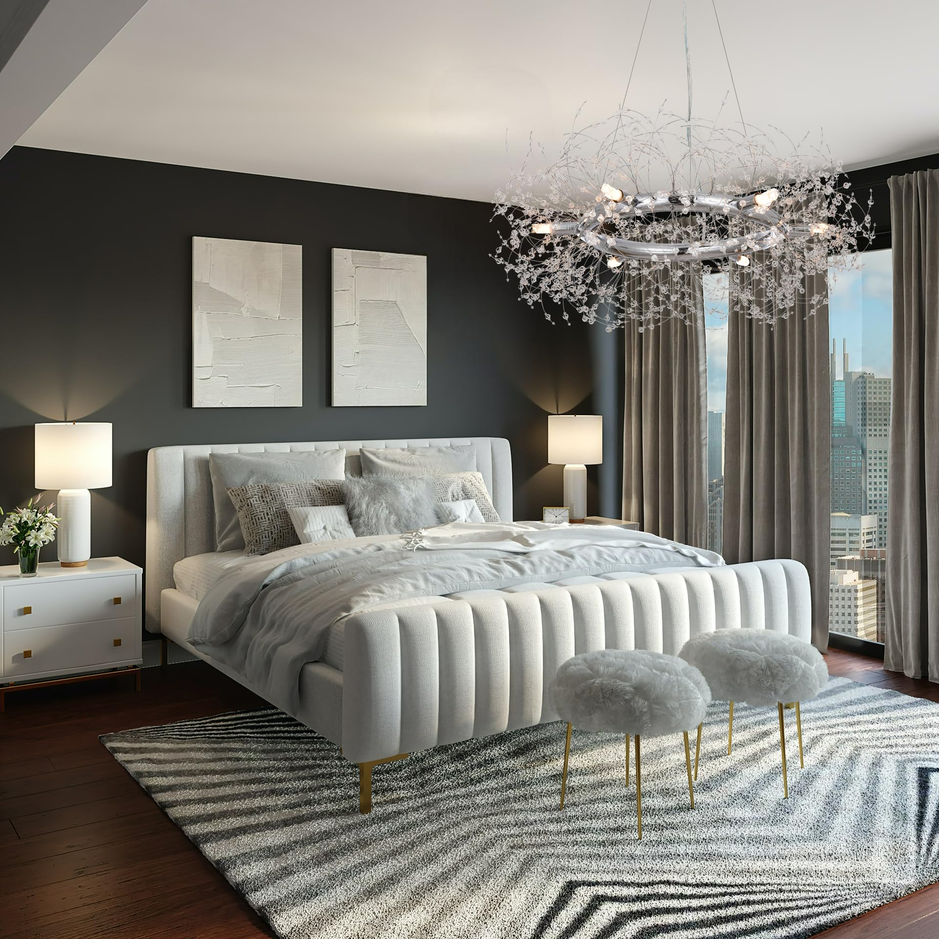 Modern Silver Crystal Firework Chandelier - Large Round Chrome Dining Room Ceiling Light Fixture for Bedroom, Living Room, Entryway | Elegant Lighting for Home Decor, Wedding & Restaurant Ambiance