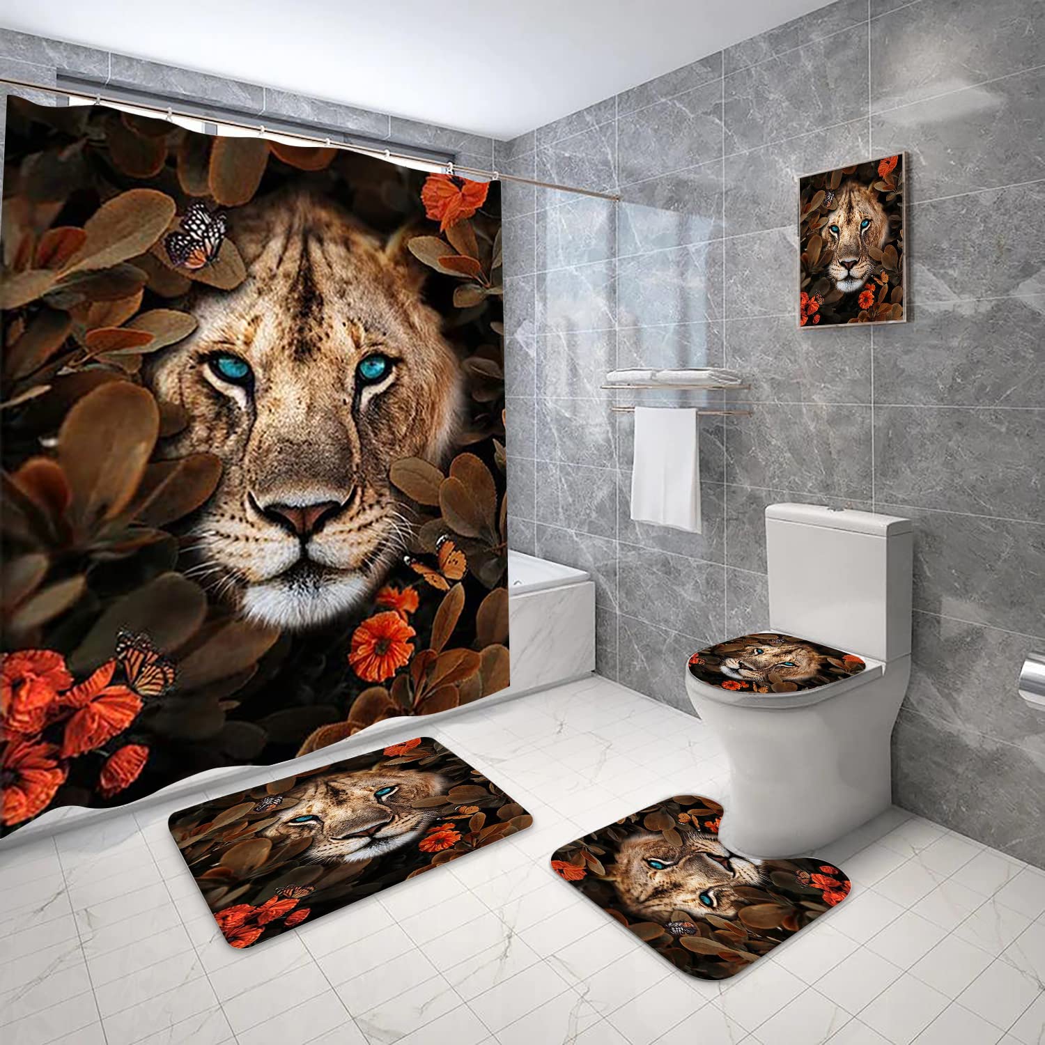 4 Pcs Leopard Print Shower Curtain Set with 12 Hooks - African Wildlife Bathroom Decor with Toilet Lid Rug - Cheetah Animal Print Bathroom Accessories for Jungle Safari Theme - Perfect for Kids' Bathroom or Zoo-Inspired Home Decor