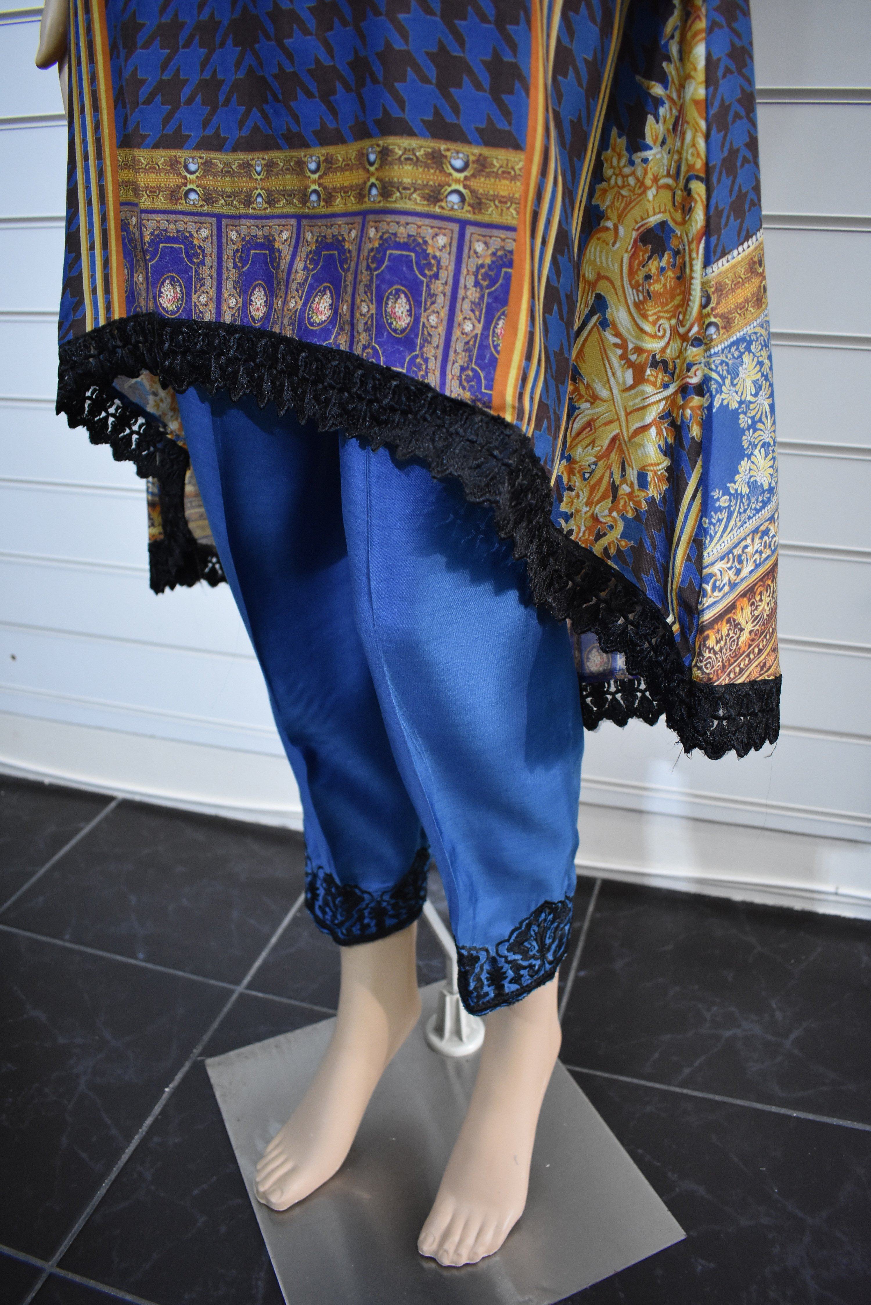 Elegant Blue Silk Digital Print Dipped Hem Outfit with Fully Embroidered Trousers | Women's Luxury Evening Wear for Parties & Special Occasions