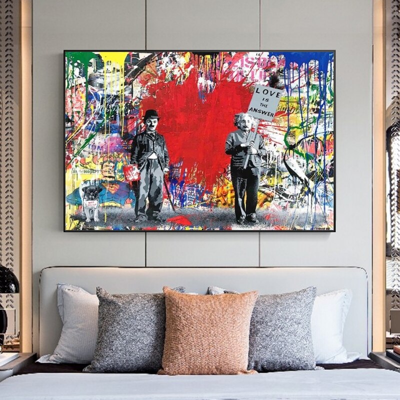 Banksy Love is the Answer Wall Art - Charlie & Einstein Modern Canvas Print - Home & Office Decor, Living Room Wall Art, Gift for Art Lovers