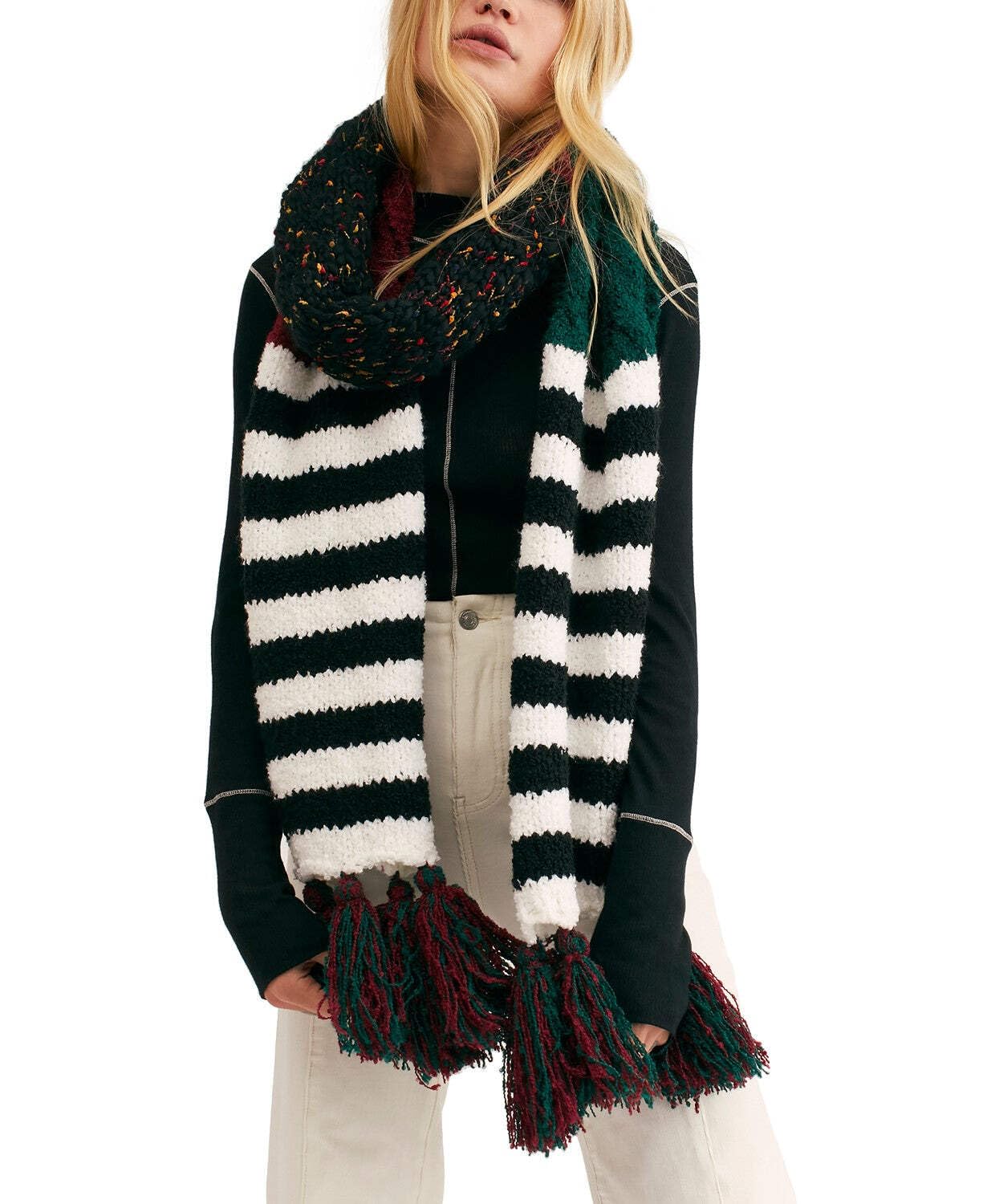 Free Women's Nova Striped Tassel Winter Scarf - Black & White Oversized Fashion Scarf for Women - Perfect for Cold Weather, Snow Days & Winter Outfits
