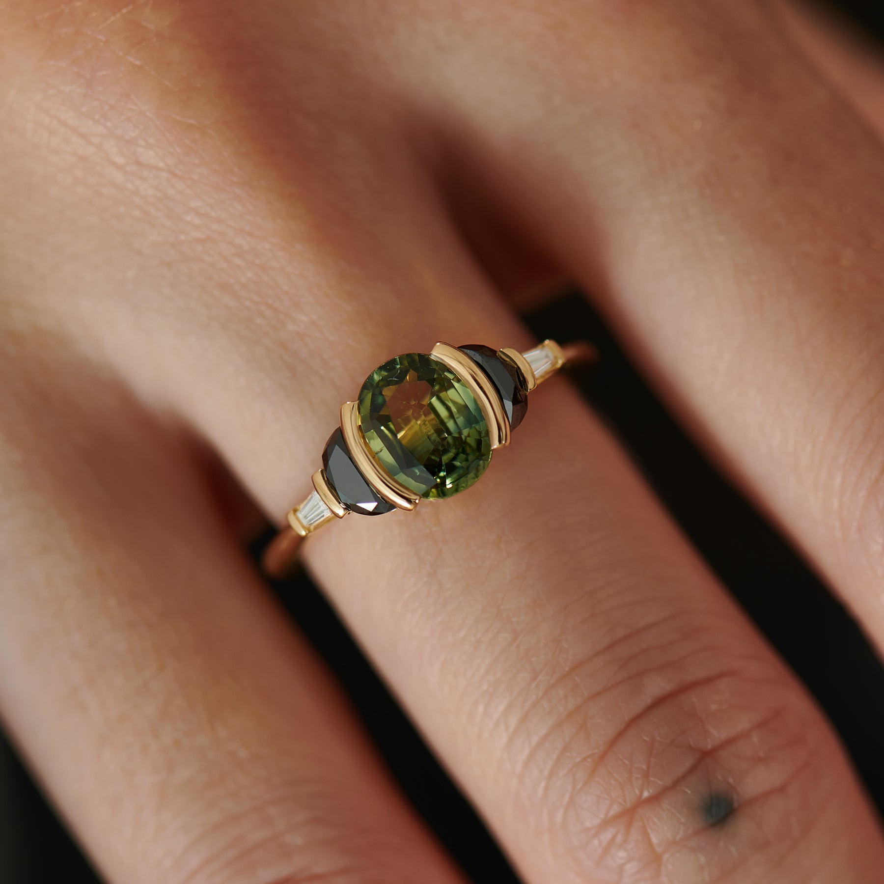 Unique Green Parti Sapphire & Black Diamond Engagement Ring - Handcrafted Dragon Egg Design for Weddings, Proposals & Special Occasions
