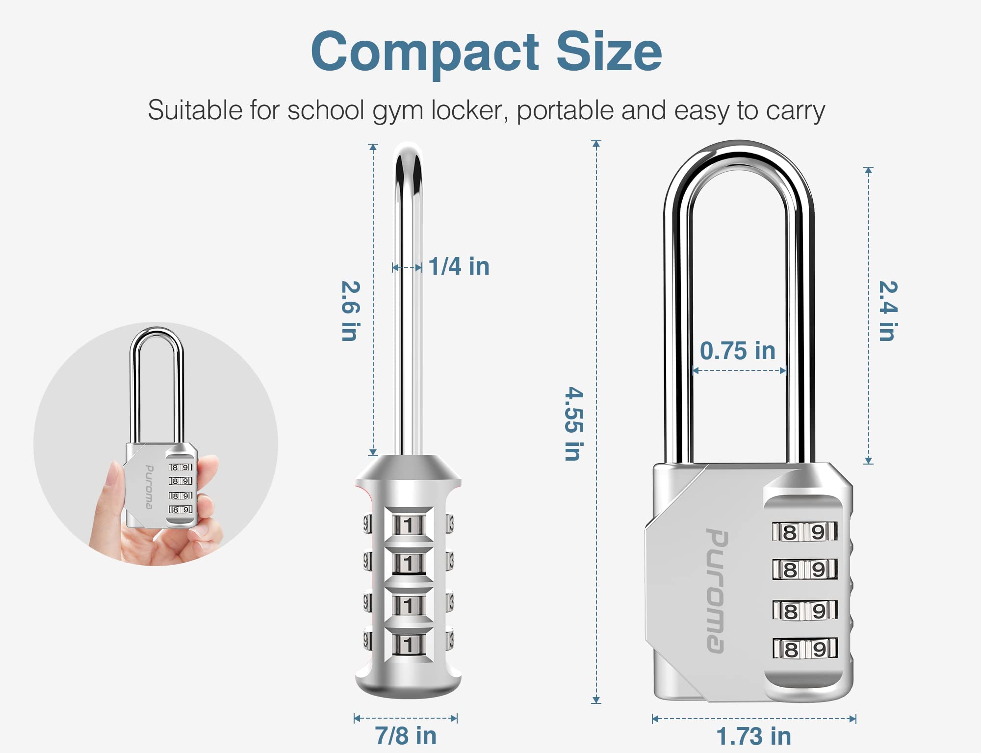 Puroma 2 Pack 2.6 Inch Heavy Duty Combination Padlock - 4 Digit Outdoor Waterproof Lock for Gym Lockers, School Lockers, Toolboxes, Gates & Fences - Secure Storage for Sports Equipment, Backpacks & Cases (Silver)