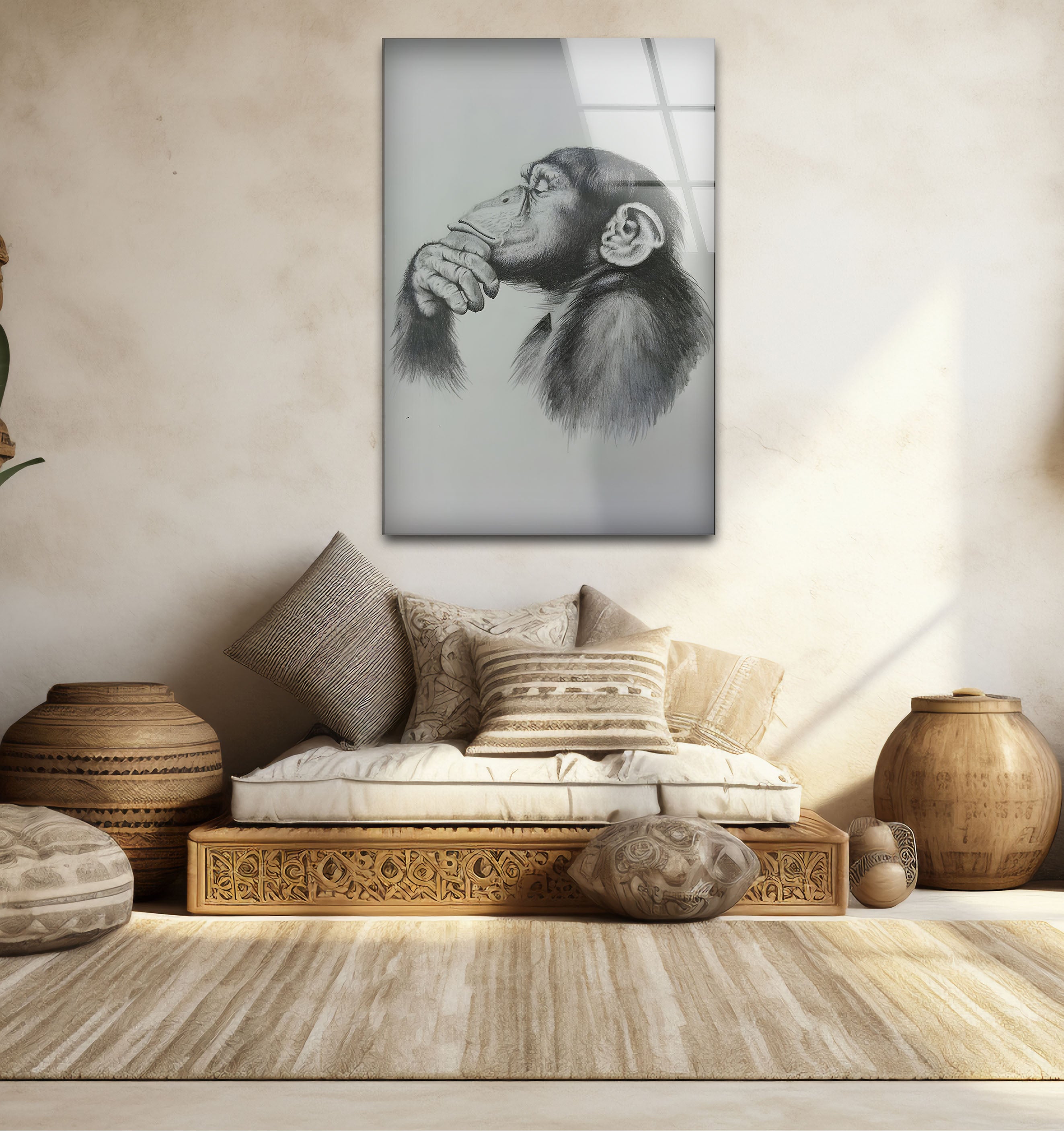 Black and White Monkey Drawing Glass Wall Art - Elegant Home Decor for Living Room, Bedroom, or Office