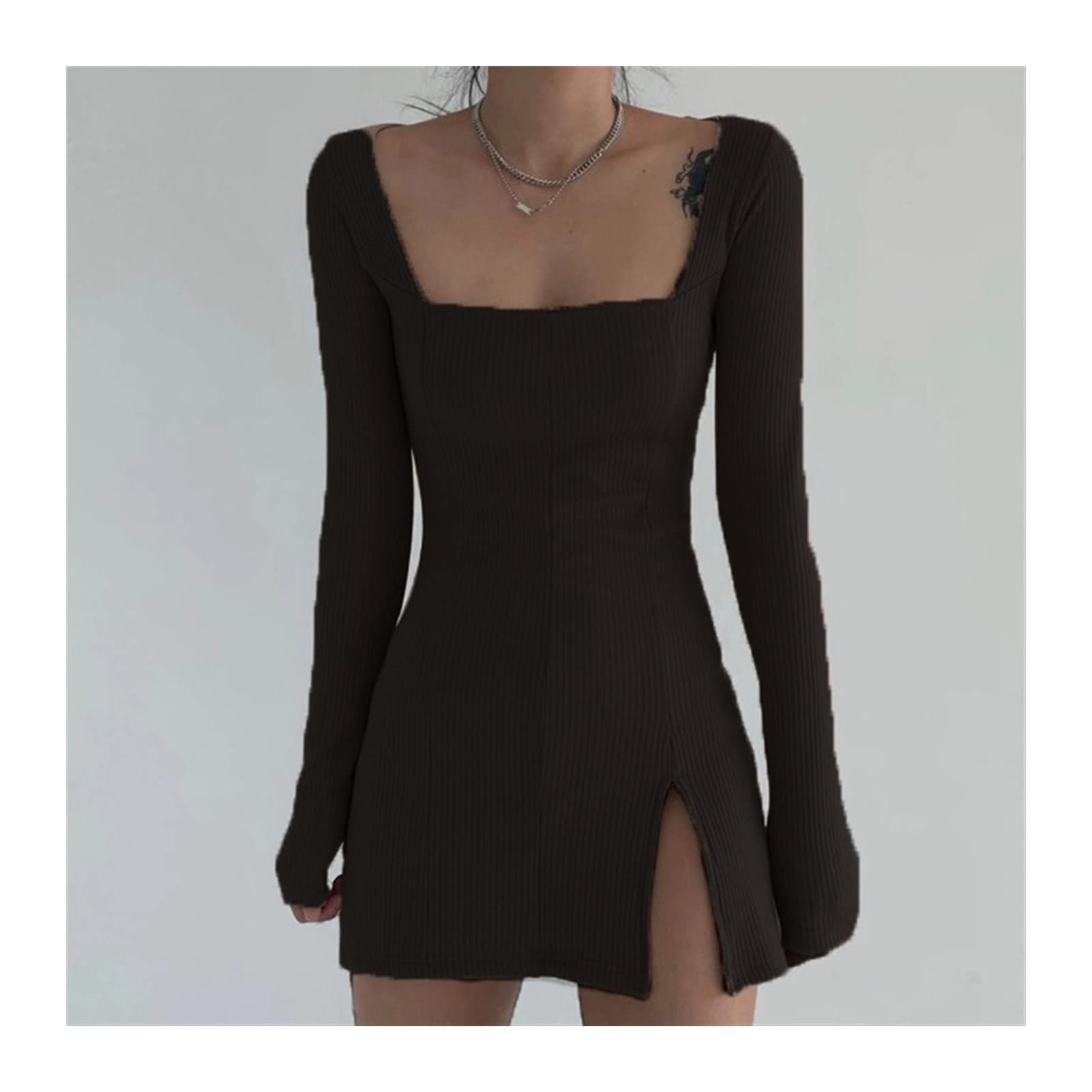 Elegant Square Neck Ribbed Women's Tight-Fitting Knit Dress with Side Slit - Long Sleeve Mini Dress for Fall & Winter (Black, Size S) | Perfect for Date Nights, Office Wear & Holiday Parties