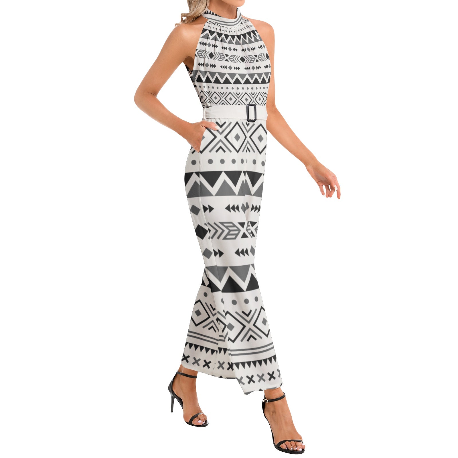 Women's Halter Neck Buckle Belted Jumpsuit with Desert Vista Print - Stylish One-Piece Romper for Summer, Beach, and Casual Outings