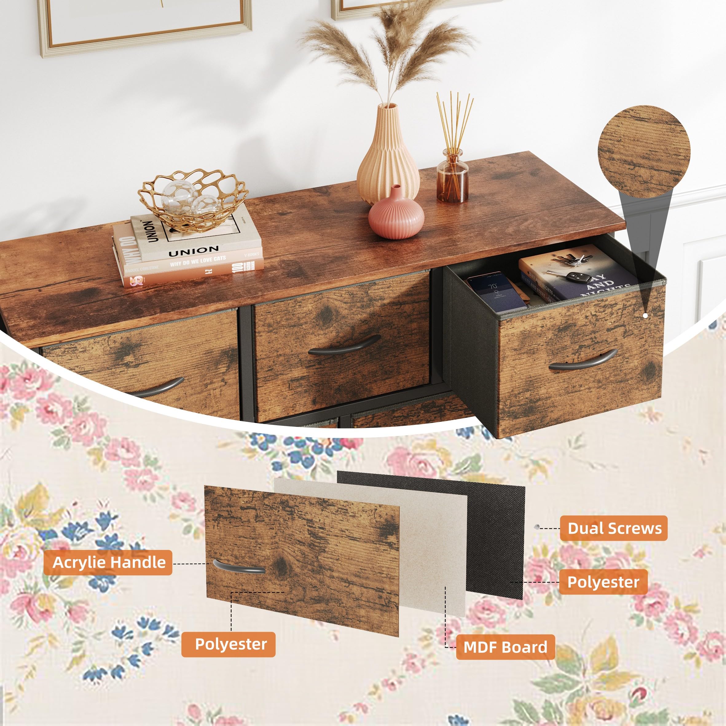 7-Drawer Rustic Brown Dresser with Wooden Top - Tall Fabric Storage Chest for Bedroom, Living Room, TV Stand, Closet & Entryway | Space-Saving Organizer for Clothes, Linens & Home Decor