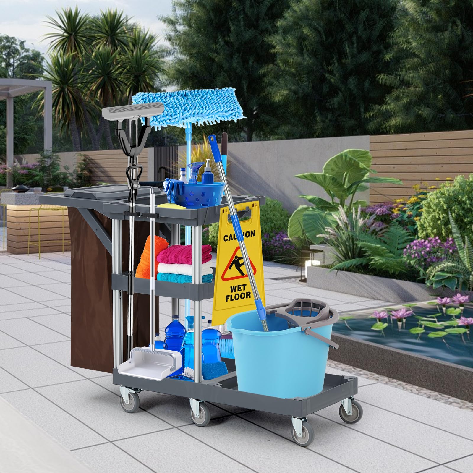 Commercial Janitorial Cleaning Cart with Wheels - Black Housekeeping Utility Cart with Cover, Shelves & Vinyl Bag | Ideal for Hotels, Hospitals & Office Cleaning