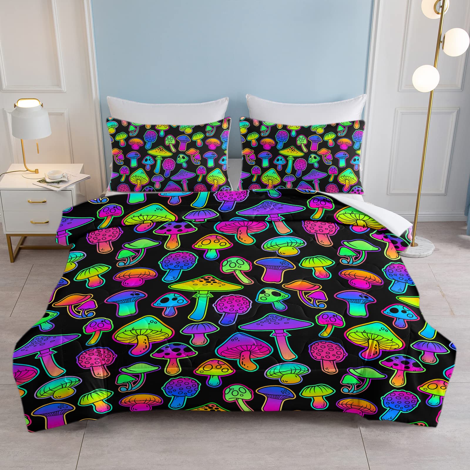 SOULZZZ Neon Mushroom Comforter Set - Ultra Soft Black Purple Green Bedding with Magic Mushroom Pattern | Trippy Room Decor for Women & Teens | Farmhouse Style Full/Queen Size (1 Comforter + 2 Pillow Shams) | Perfect for Psychedelic Themed Bedrooms, Dorm Rooms & Festival Camping