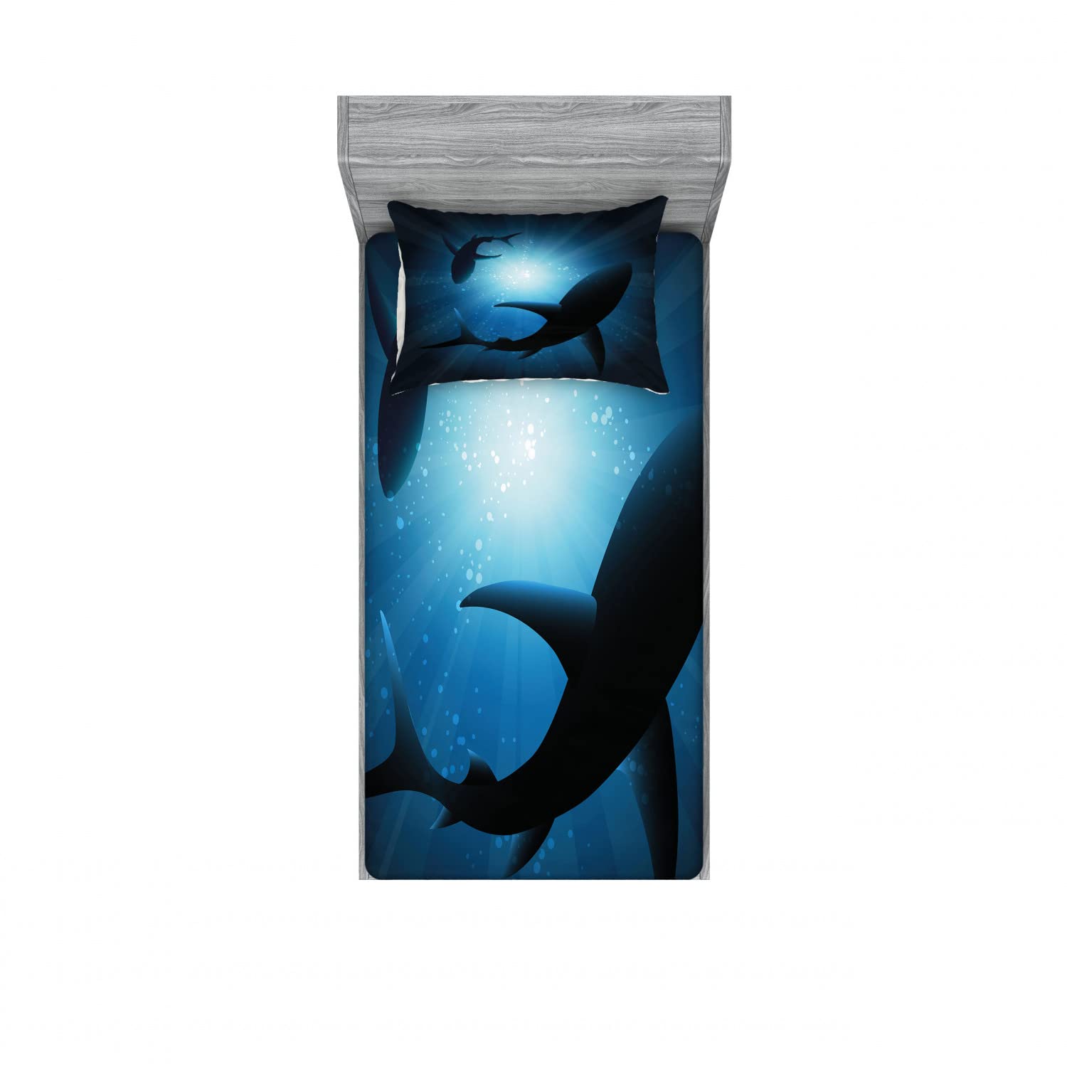 Ambesonne Shark 2-Pack Twin Fitted Sheets & Pillow Sham Set - Underwater Fish Silhouette Design, Dark Blue 4-Piece Bedding Set (2 Fitted Sheets & 2 Pillow Covers) | Perfect for Kids' Rooms, Ocean-Themed Decor & Shark Lovers