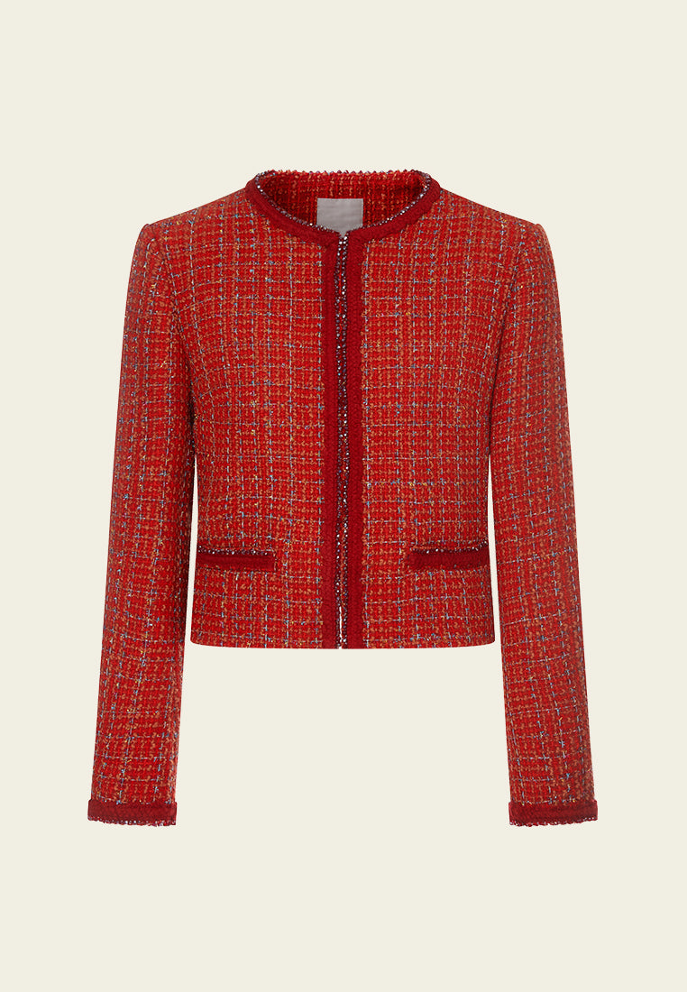 Stylish Lurex Checked Cropped Jacket with Contrast Trim - Perfect for Casual Outings & Night Out
