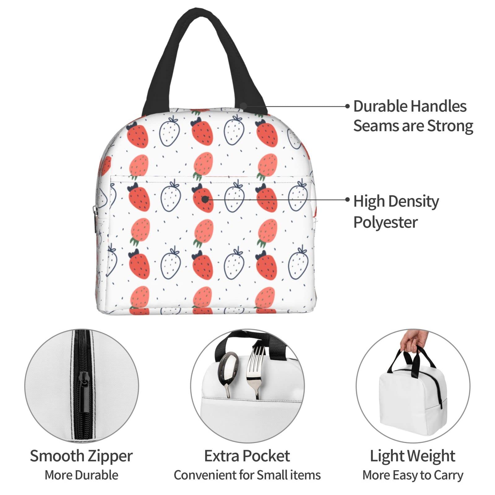 Strawberry Pink & White Insulated Lunch Bag - Reusable Thermal Lunch Box for Men & Women - Portable Meal Container for Work, Travel, Picnic & Outdoor Activities