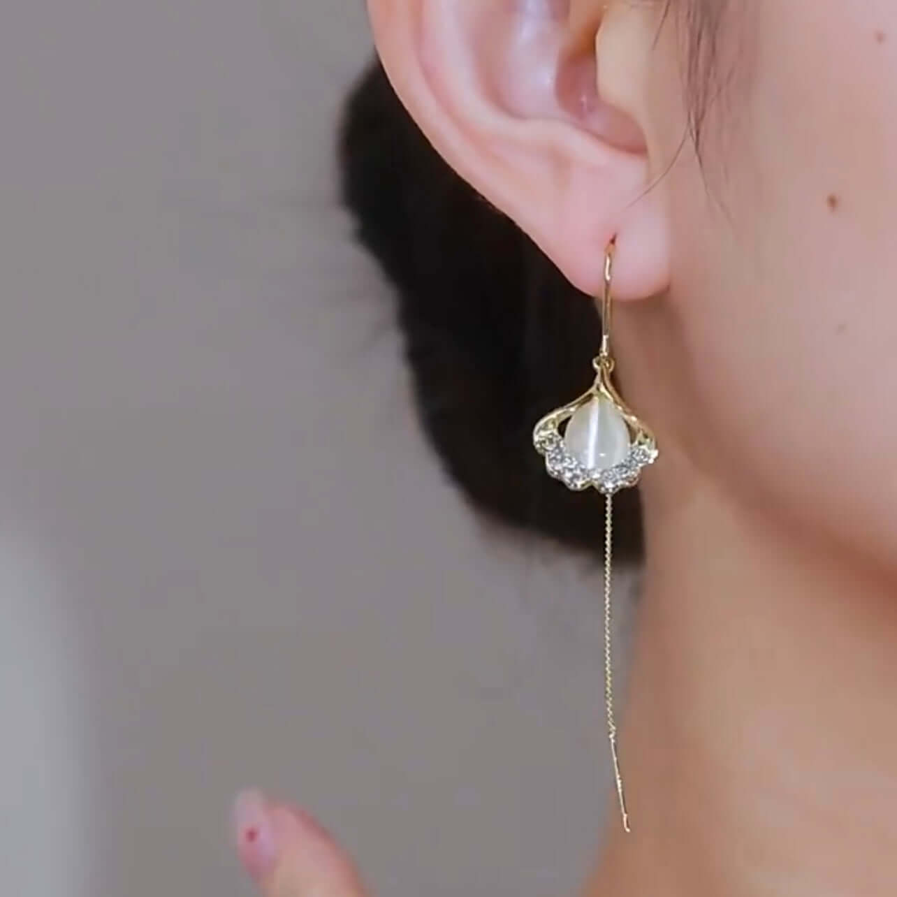 14K Gold Plated Ginkgo Leaf Huggie Earrings with Dangle Pearl Drop | Elegant Pearl Earrings for Women | Perfect for Weddings, Parties & Everyday Wear | A8078
