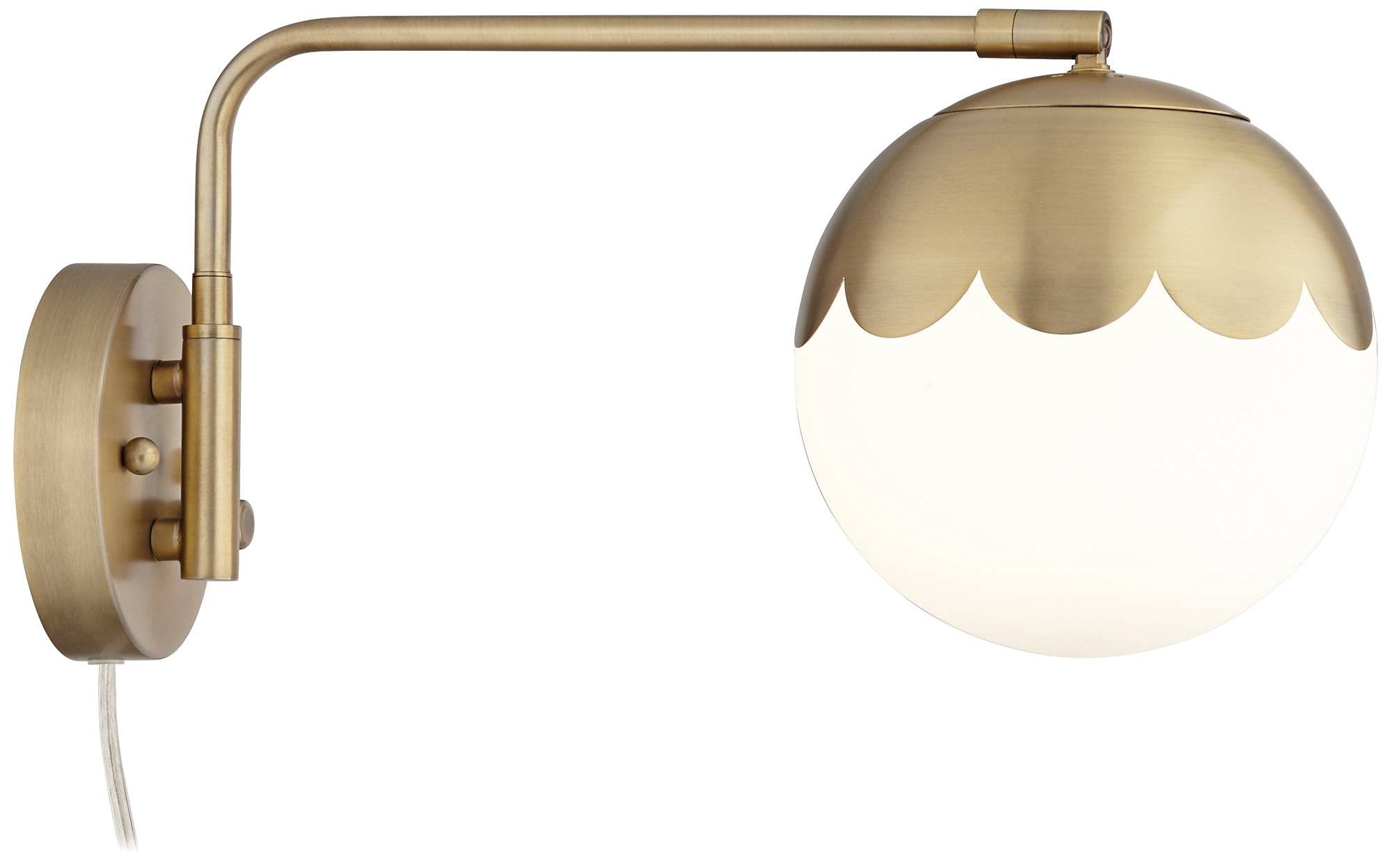360 Lighting Kelowna Modern Swing Arm Wall Lamps (Set of 2) - Antique Brass Plug-in Wall Sconces with Round Glass Globe Shade - Perfect for Bedroom, Living Room, Hallway & Dining Room Lighting - Ideal for Reading, Bedside & Home Decor