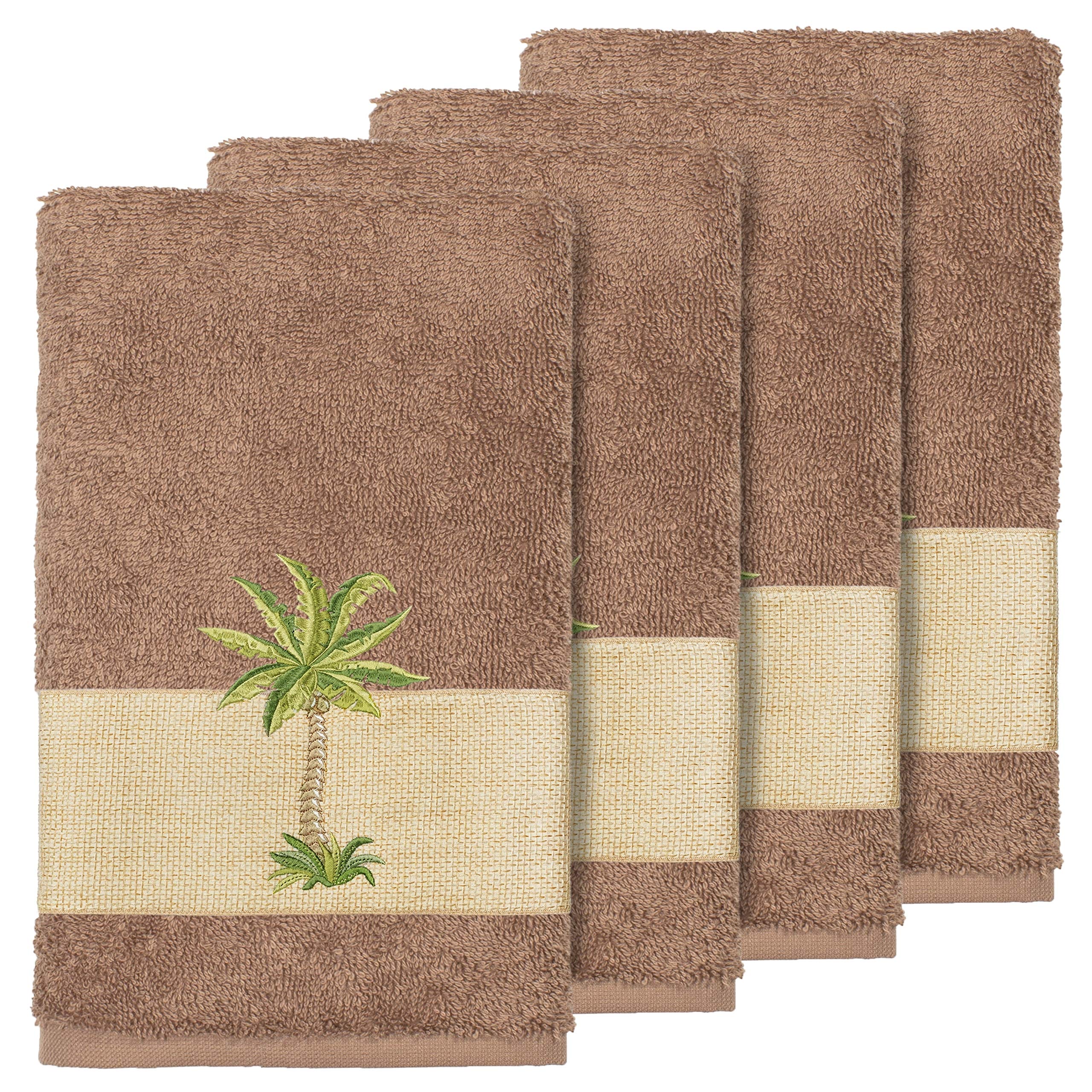 Premium Turkish Cotton Hand Towels Set of 4 - Soft Absorbent Palm Tree Embroidered Brown Bath Towels for Kitchen, Bathroom & Spa - Luxury Home Decor & Guest Towels