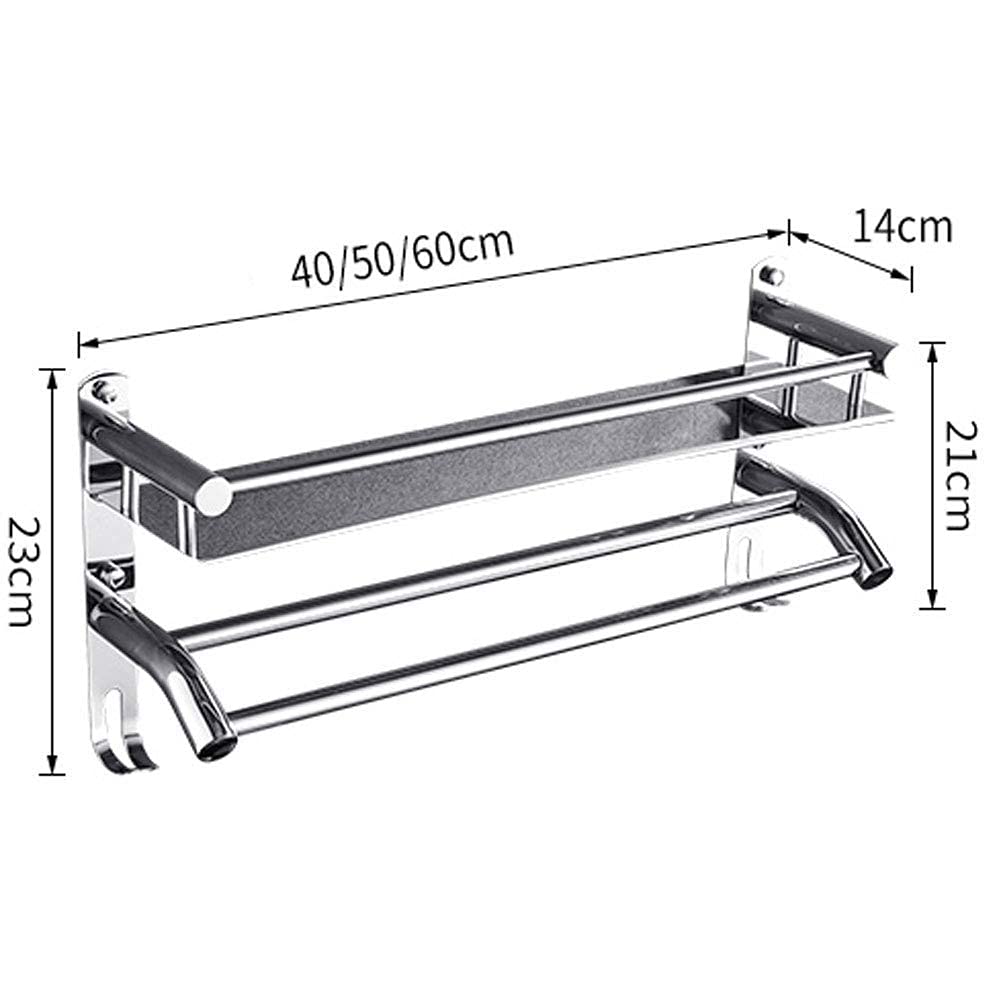Premium 304 Stainless Steel Wall Mounted Towel Rack with Storage Shelf & Hooks - 40CM/60CM Bathroom Towel Holder for Hotel, Kitchen & Home Use - Space-Saving Drying Solution for Hand Towels, Robes & Utensils