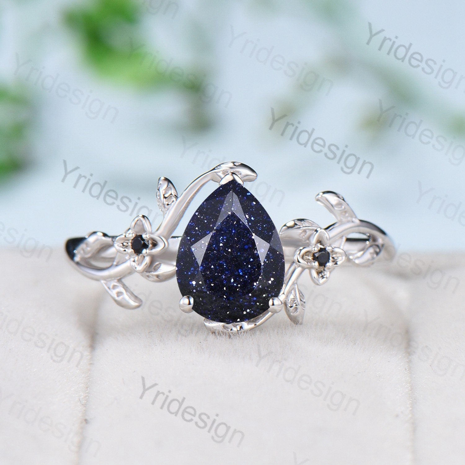 Nature Inspired Blue Sandstone Flower Ring - Twig Blue Goldstone Engagement Ring for Women - Rose Gold Leaves Branch Galaxy Bridal Jewelry - Perfect for Weddings, Anniversaries & Boho Fashion