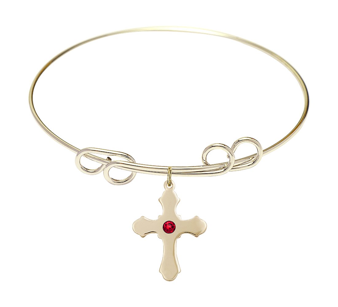 8 Inch Round Double Loop Bangle Bracelet with Cross Medal Charm & July Red Crystal - Elegant Jewelry for Women, Perfect for Parties, Weddings & Everyday Wear