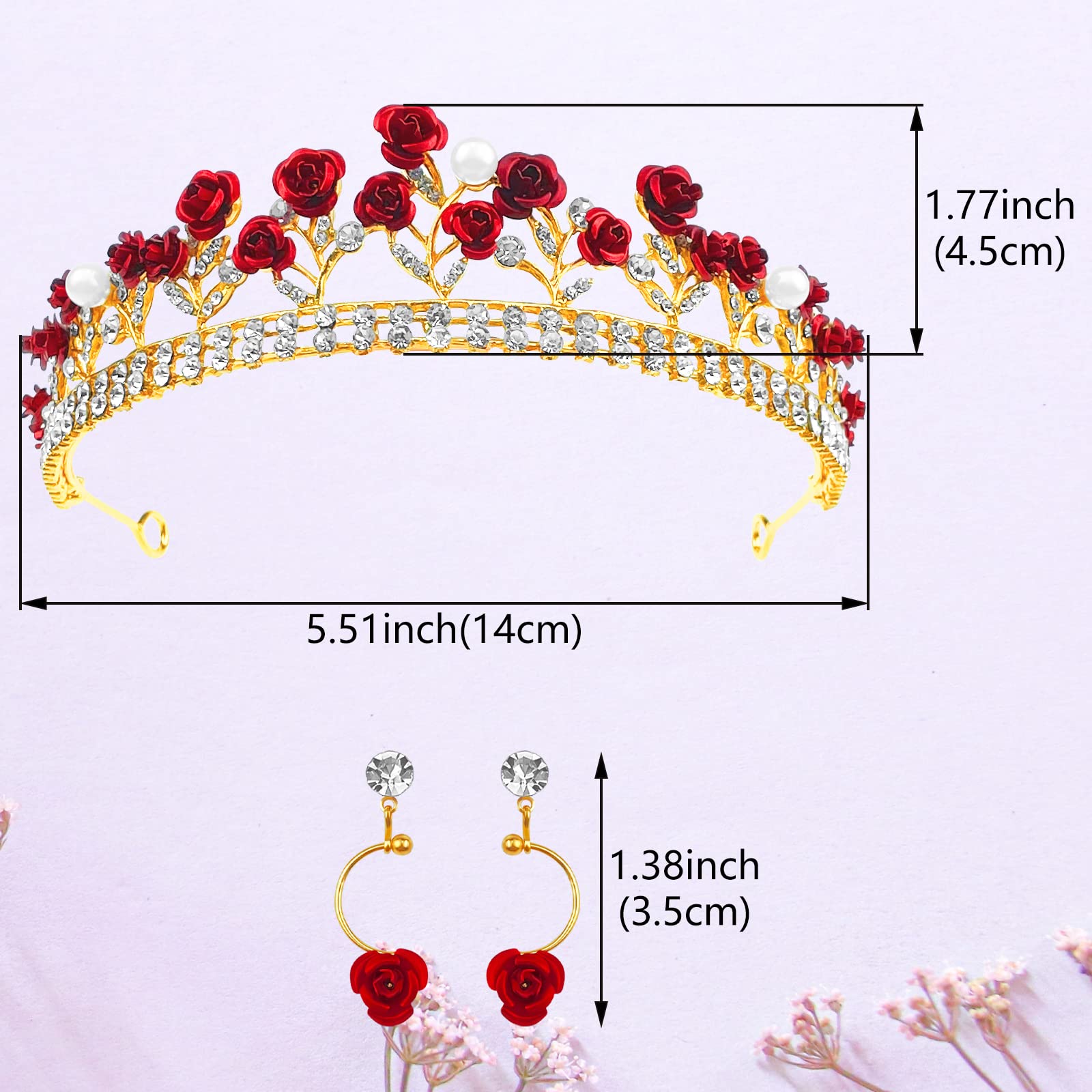 Elegant Red Rose Tiara - Gold Baroque Bridal Crown with Pearls & Crystals | Wedding Queen Headpiece, Floral Jewelry Set with Earrings & Pendant | Perfect for Brides, Prom, Pageants & Renaissance Fairs