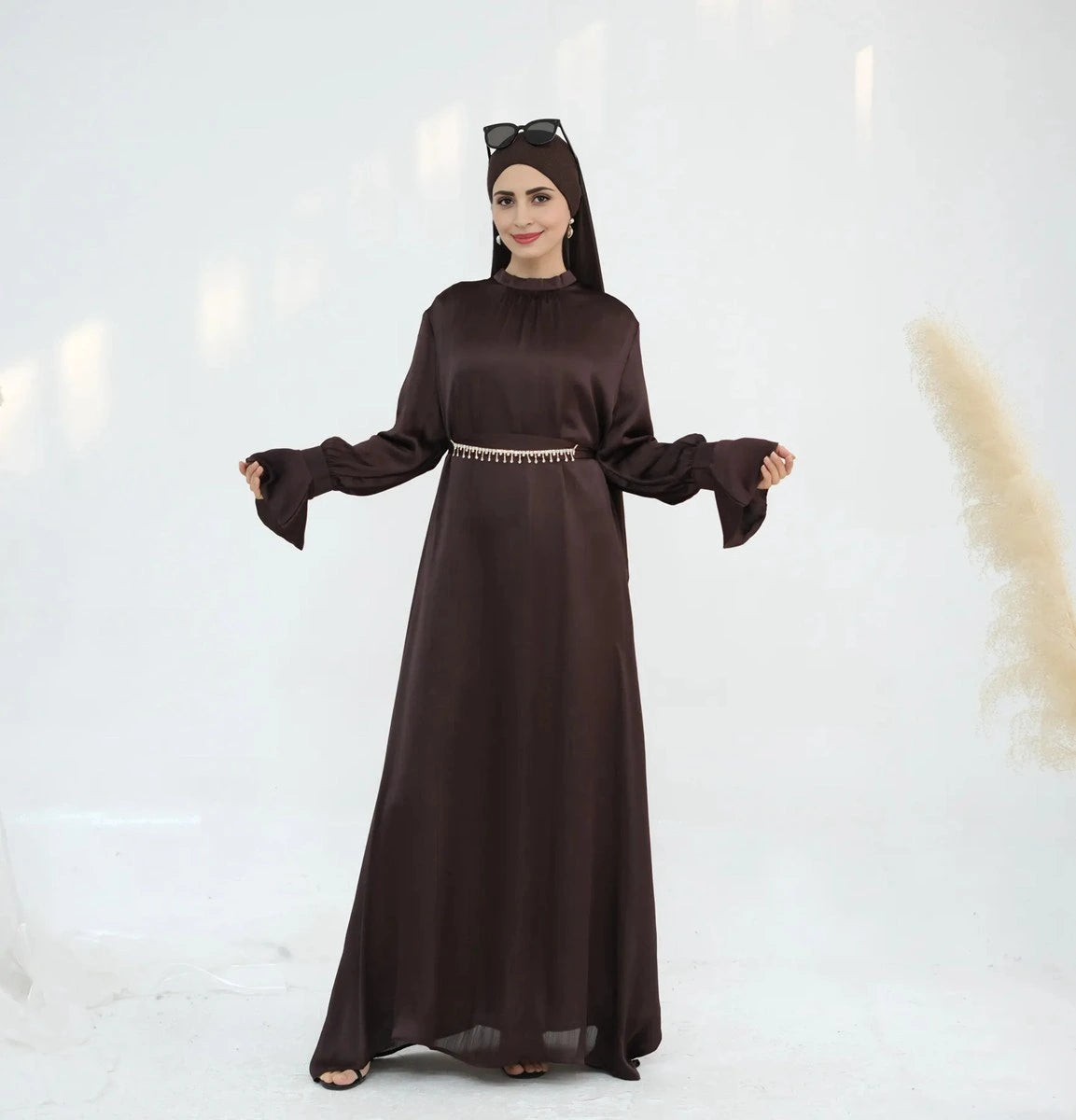Elegant Satin Abaya Dress with Diamond Chain Belt - Modest Islamic Fashion for Women | Perfect for Prayer, Eid, Wedding & Special Occasions