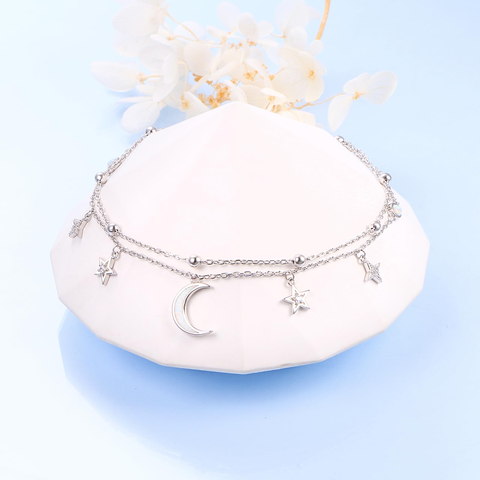 HOOHWE Sterling Silver Double Layered Adjustable Anklets for Women & Girls - Elegant Beach Jewelry Perfect for Summer Vacations, Weddings & Gifts