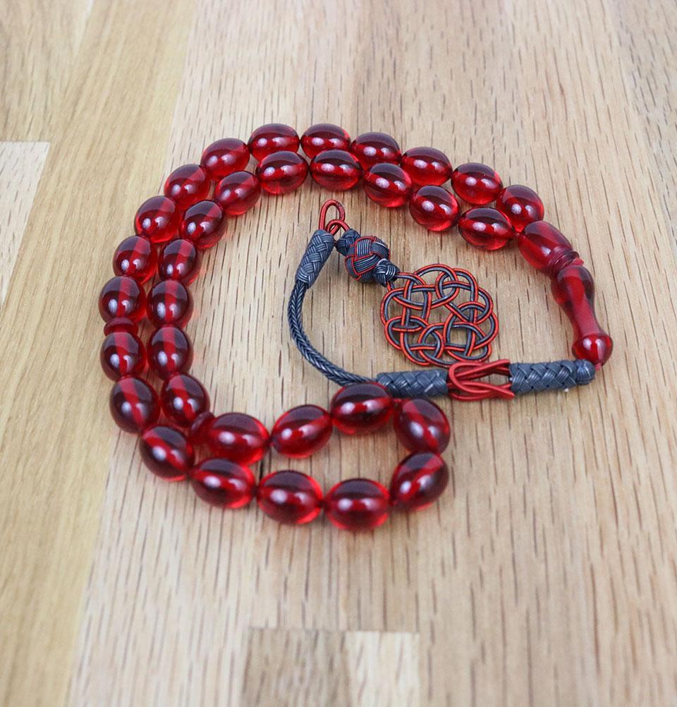 Premium Islamic Tasbih Prayer Beads - Genuine Amber & 925 Sterling Silver Kazaz Tassel - 33 Large Red Oval Beads for Muslim Prayer, Meditation & Spiritual Gift