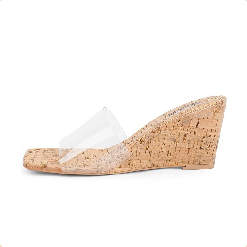 Women's Open Toe Wedge Sandals - Square Toe High Heel Wood Grain Slip-On Mules for Summer Outfits, Beach Vacations & Casual Wear