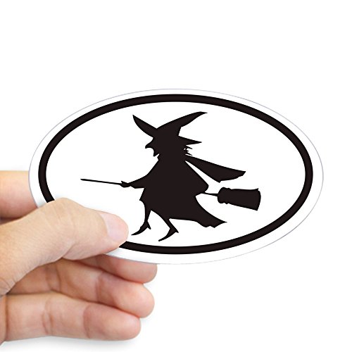 White - Flying Witch on a Broom Euro Oval Sticker