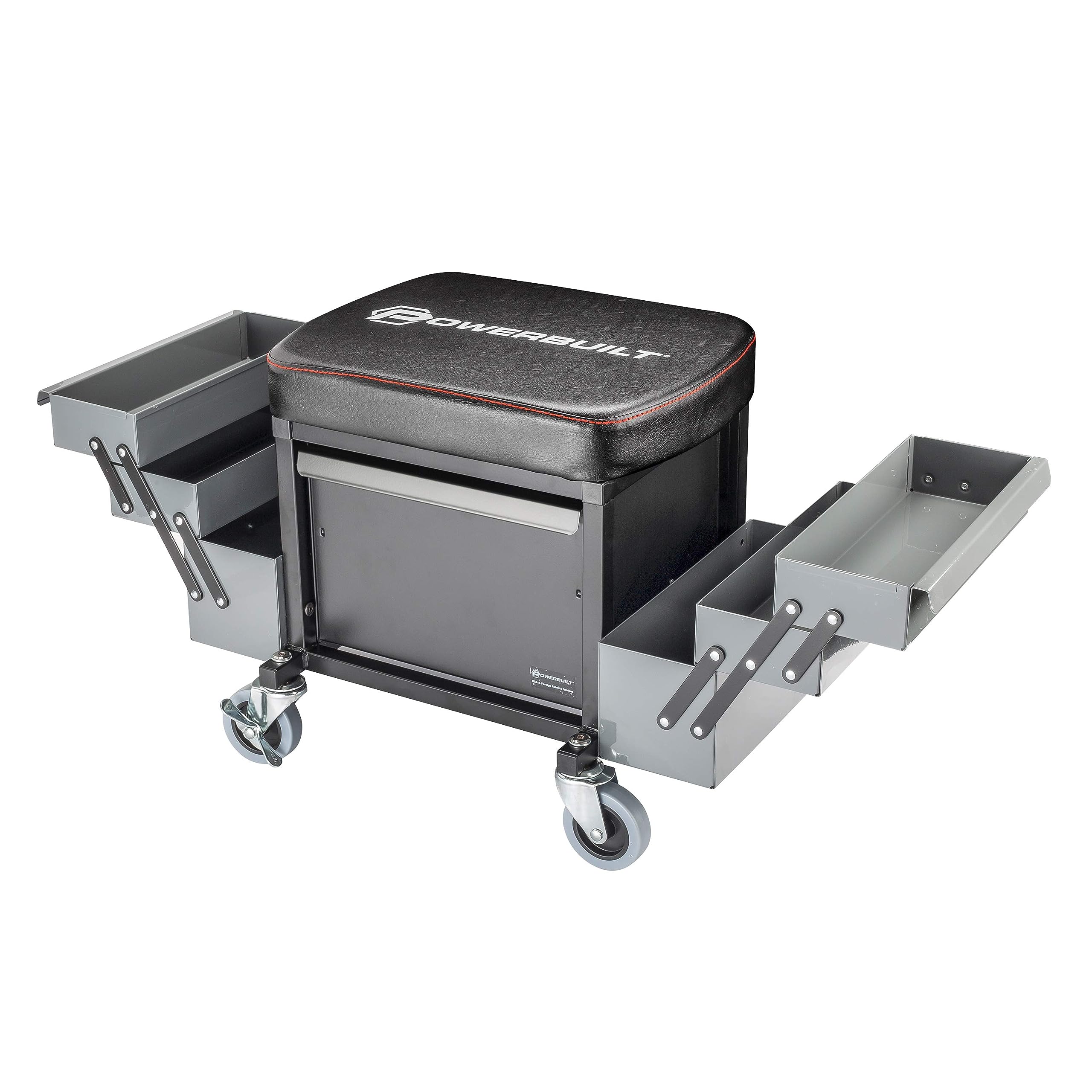 Powerbuilt Rolling Seat with Expandable Tool Trays - Heavy Duty Garage Stool with Tool Storage, Grey (941918ECE) - Perfect for Mechanics, DIY Enthusiasts & Workshop Use