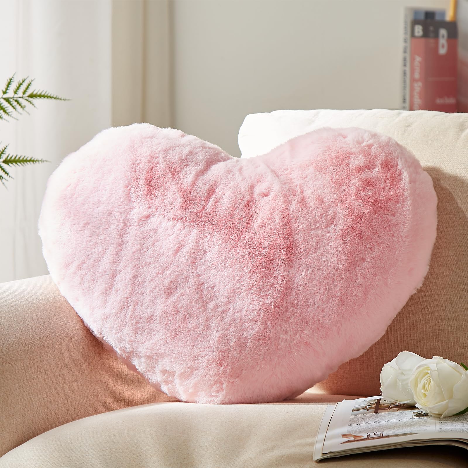 YRXRUS Heart Shaped Throw Pillow - 10x11 Inch Soft Faux Rabbit Fur Cushion, Valentine's Day & Mother's Day Gift for Women, Girls, Kids - Pink Decorative Pillow for Bedroom, Sofa, Nursery Decor