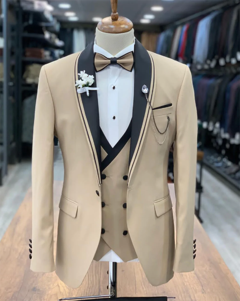 Champagne Groom Tuxedo Suit for Men - 3 Piece Formal Wedding Suit with Vest & Pants | Perfect for Weddings, Prom, Black Tie Events & Special Occasions