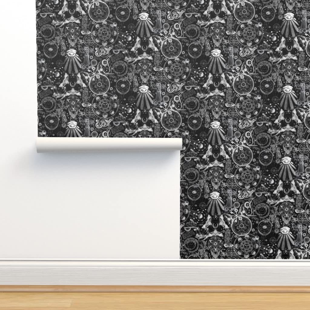Peel & Stick Removable Wallpaper 9ft x 2ft - Black & White Gothic Design with Occult, Witch, Magic, Alchemy & Zodiac Astrology Patterns | Perfect for Bedroom, Living Room & Office Decor | Custom Wallpaper by Spoonflower