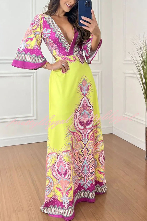 Elegant Palace Style Print Bell Sleeve Backless Maxi Dress for Women | Flowy Vacation & Beach Dress | Perfect for Summer Parties, Weddings & Tropical Getaways