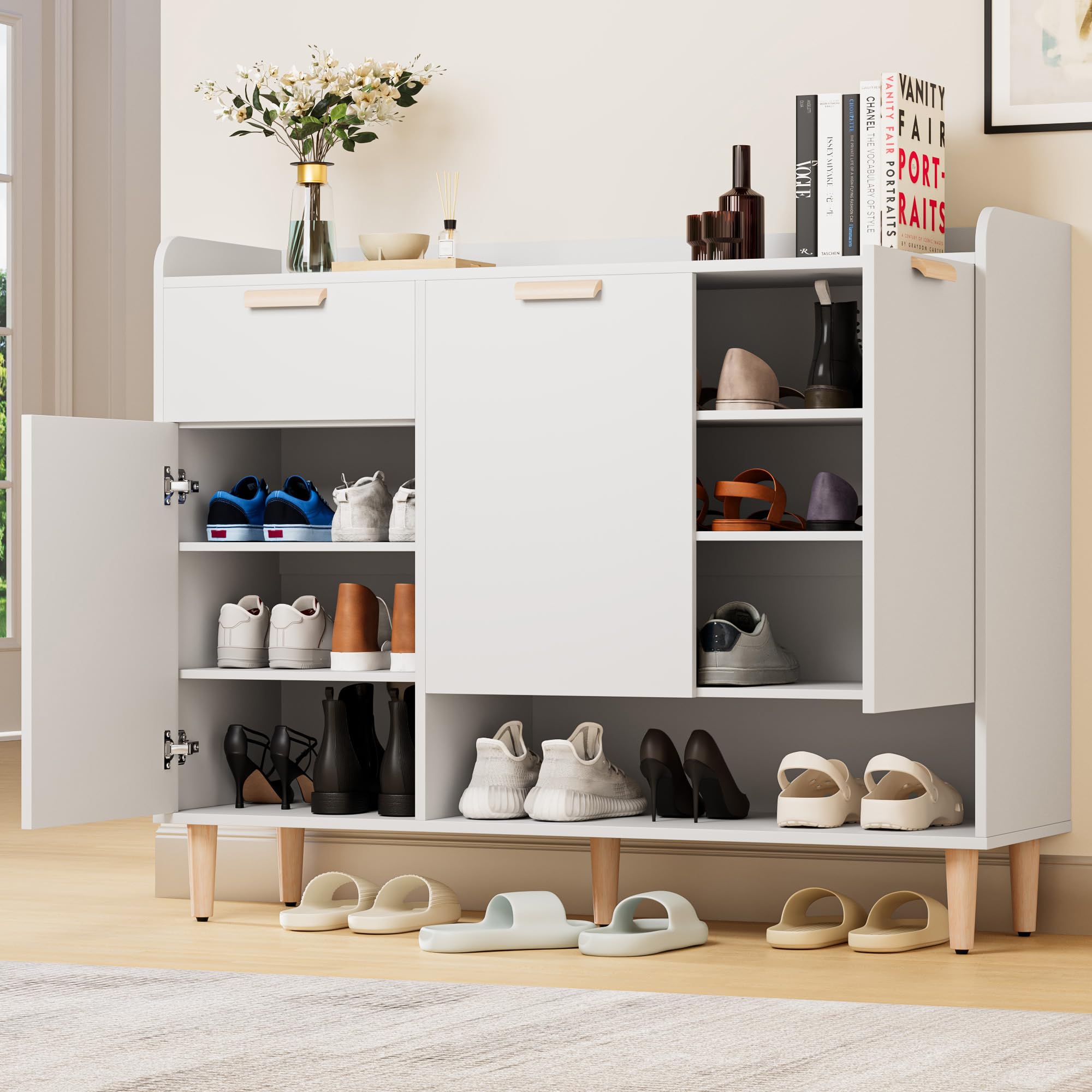 4-Tier Shoe Cabinet with Doors & Drawer - Adjustable Shelves Wooden Shoe Organizer for Entryway, Hallway & Living Room - Freestanding Storage Rack for Shoes, Boots & Accessories - Perfect for Small Spaces & Home Organization (White)