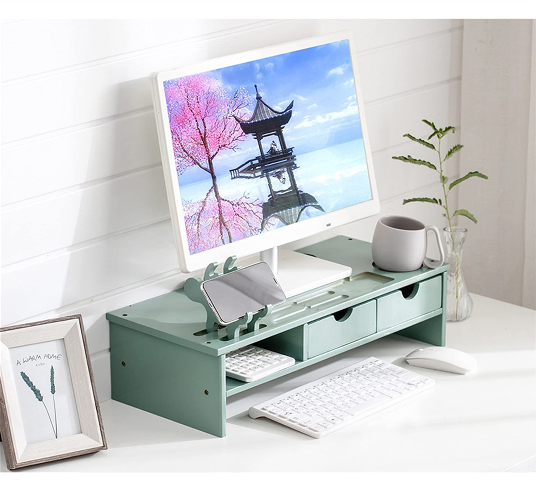 Premium Bamboo Monitor Stand with 2-Tier Storage Drawers - Adjustable Ergonomic Laptop Riser & Phone Holder for Home Office Desk Organization (Perfect for Workspace Setup & Cable Management)