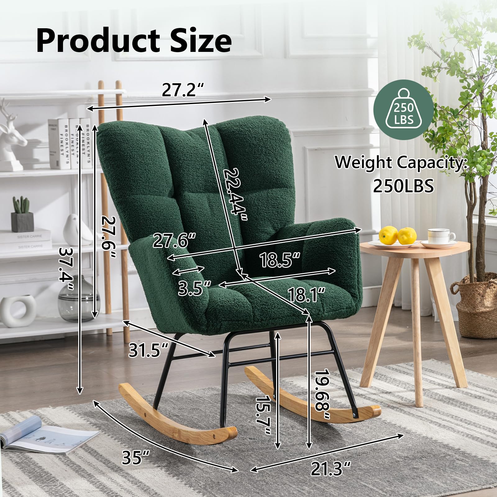 NIOIIKIT Nursery Rocking Chair - Soft Teddy Fabric Upholstered Glider Rocker with Padded Seat & High Backrest - Comfortable Accent Armchair for Living Room, Bedroom, Nursery (Green Teddy) - Perfect for Nursing, Reading & Relaxing