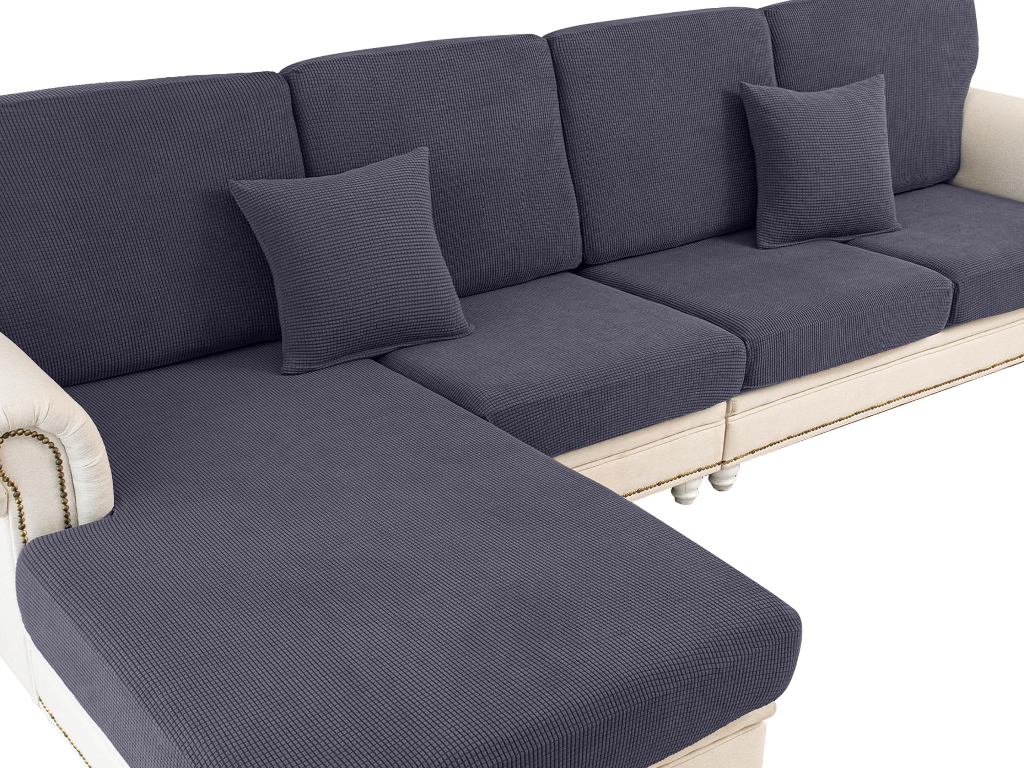 Stretch Sofa Slipcovers - 3-Piece Sectional Couch Cushion Covers with Elastic Edges, Dark Grey Furniture Protector for Living Room, Family Room & Home Decor
