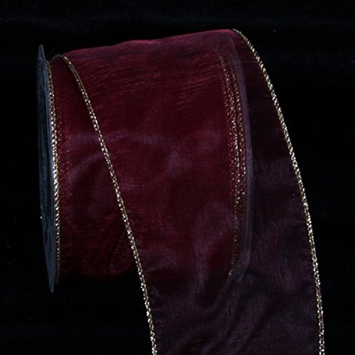 Sheer Burgundy and Gold Organza Wired Craft Ribbon - 3 Inch x 27 Yards for Gift Wrapping, Wedding Decorations, DIY Crafts, and Party Favors