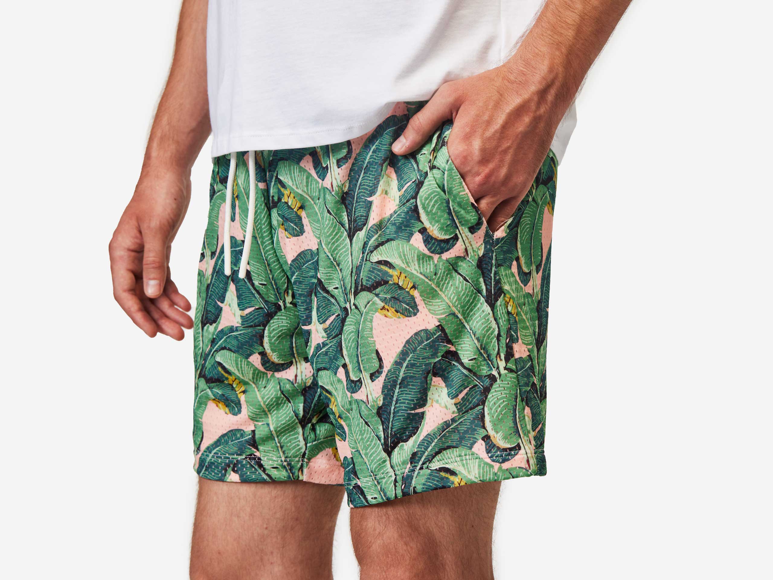 6 Pocket Lounge Shorts for Women - Soft Pink Palms Print, Comfortable Casual Wear for Beach, Yoga, and Summer Outings