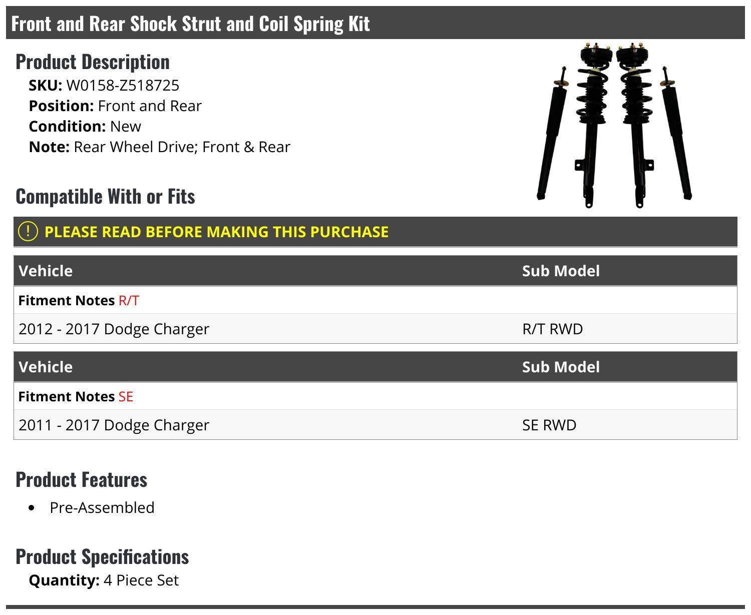 High-Performance Front & Rear Shock Strut and Coil Spring Kit - 4 Piece Set for 2011-2017 Dodge Charger R/T SE - Perfect for Smooth Rides & Enhanced Handling on Highways & Rough Roads