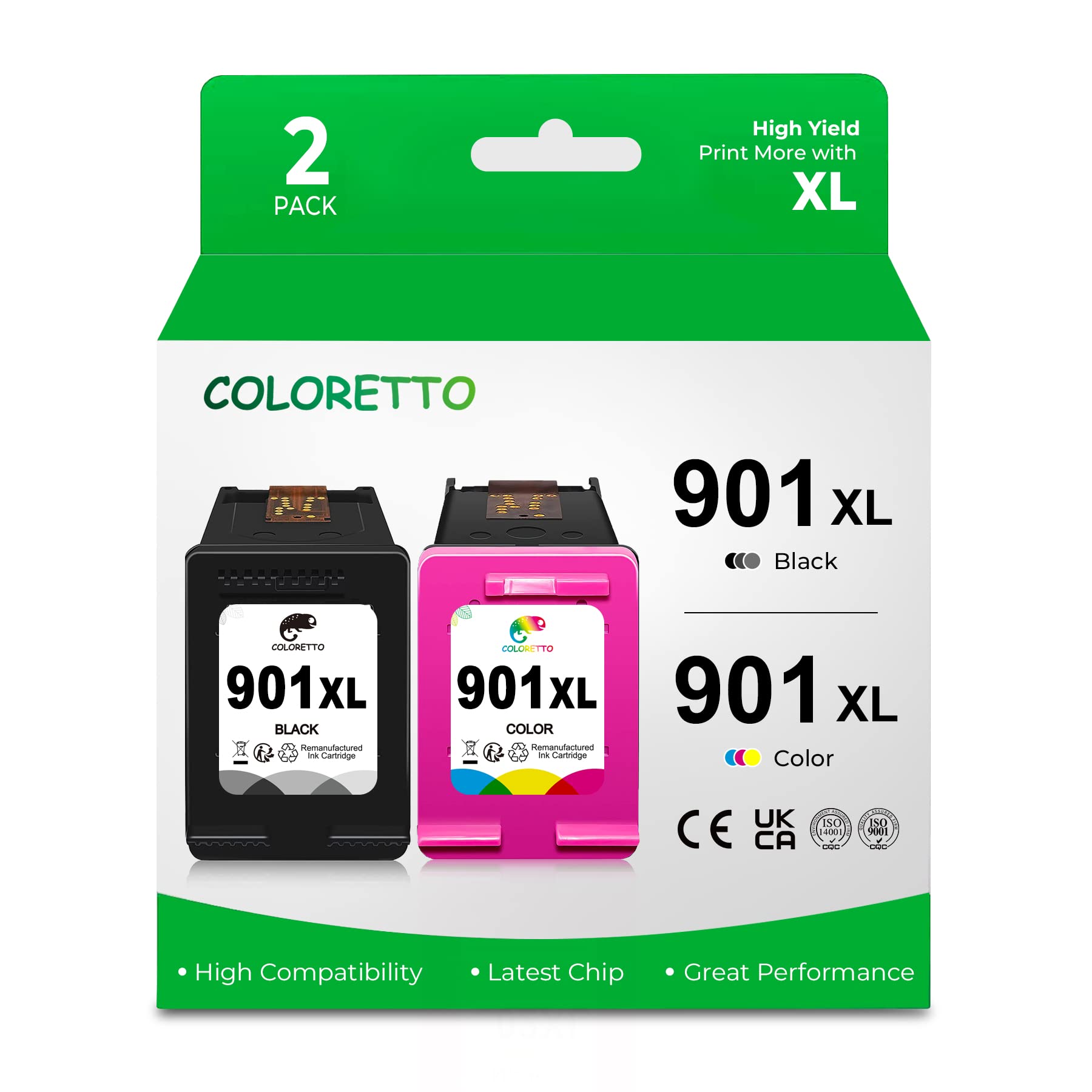 COLORETTO Remanufactured HP 901XL Ink Cartridge Combo Pack (1 Black + 1 Color) - Compatible with HP Officejet 4500 G510a/G510g/G510n/J4500/J4524/J4624/J4660/J468 Printers | Ideal for Home Office Printing & Document Scanning