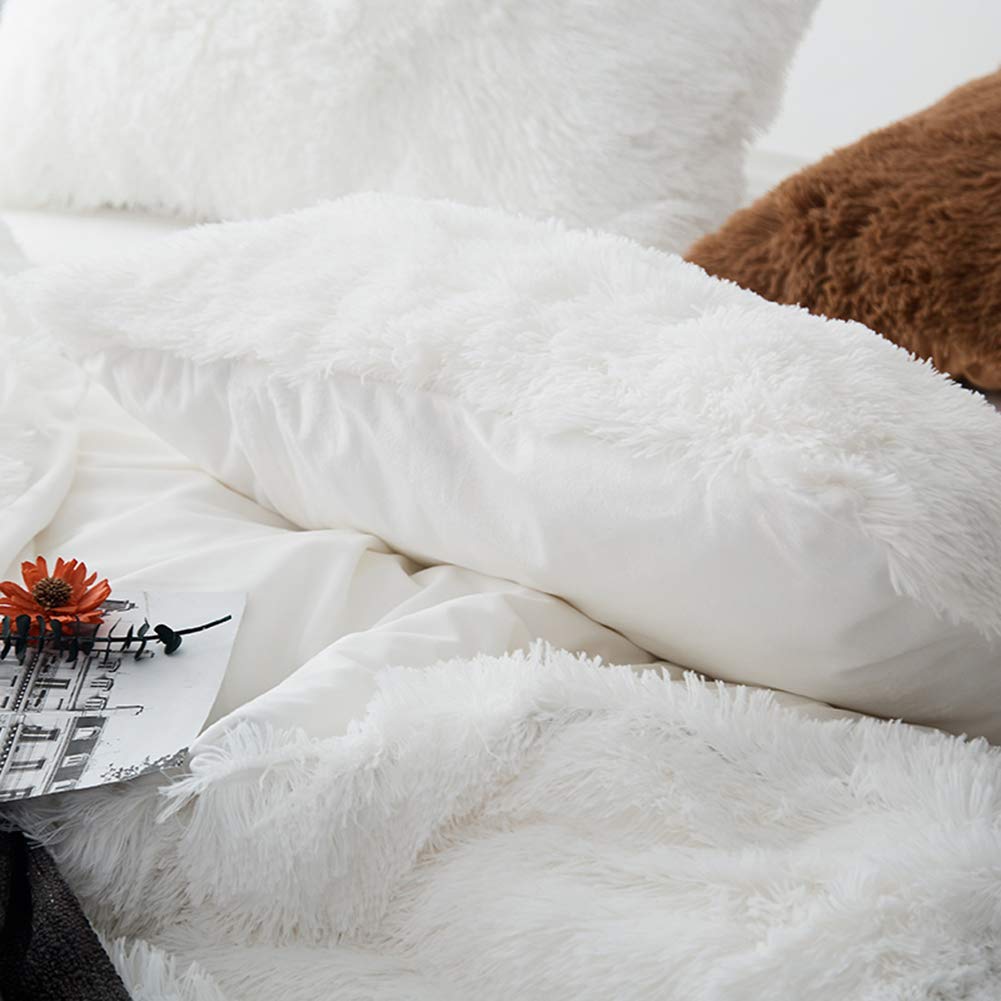 MorroMorn 5-Piece Shaggy Duvet Cover Set - Ultra Soft Faux Fur Luxury Bedding for Full/Queen Size (White) | Cozy Winter Bedroom Upgrade & Boho Home Decor