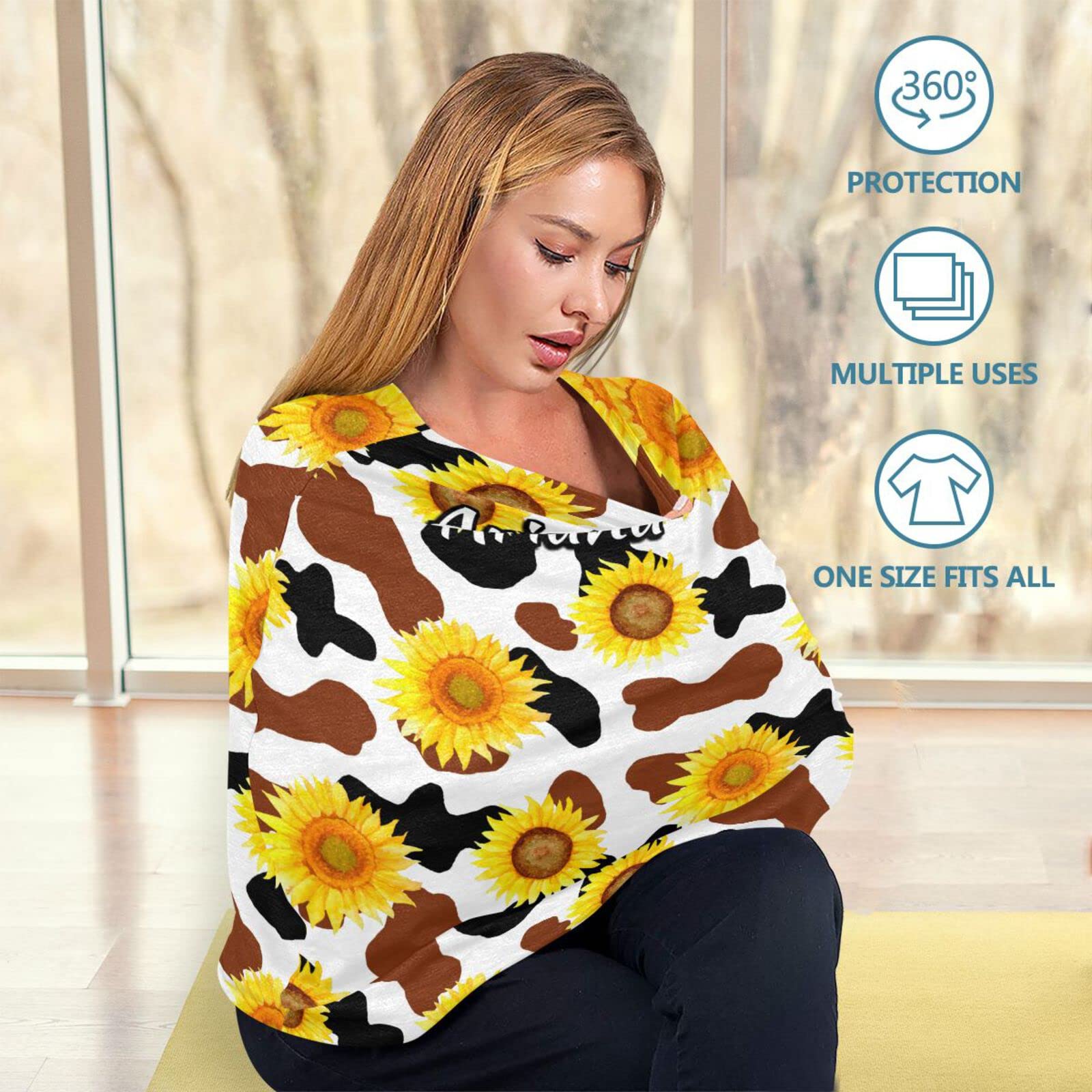 Personalized Cow Sunflower Stretch Baby Car Seat Canopy - Custom Infant Stroller Cover, Nursing Scarf & Shopping Cart Cover for Newborns | Perfect for Outdoor Walks, Shopping & Breastfeeding