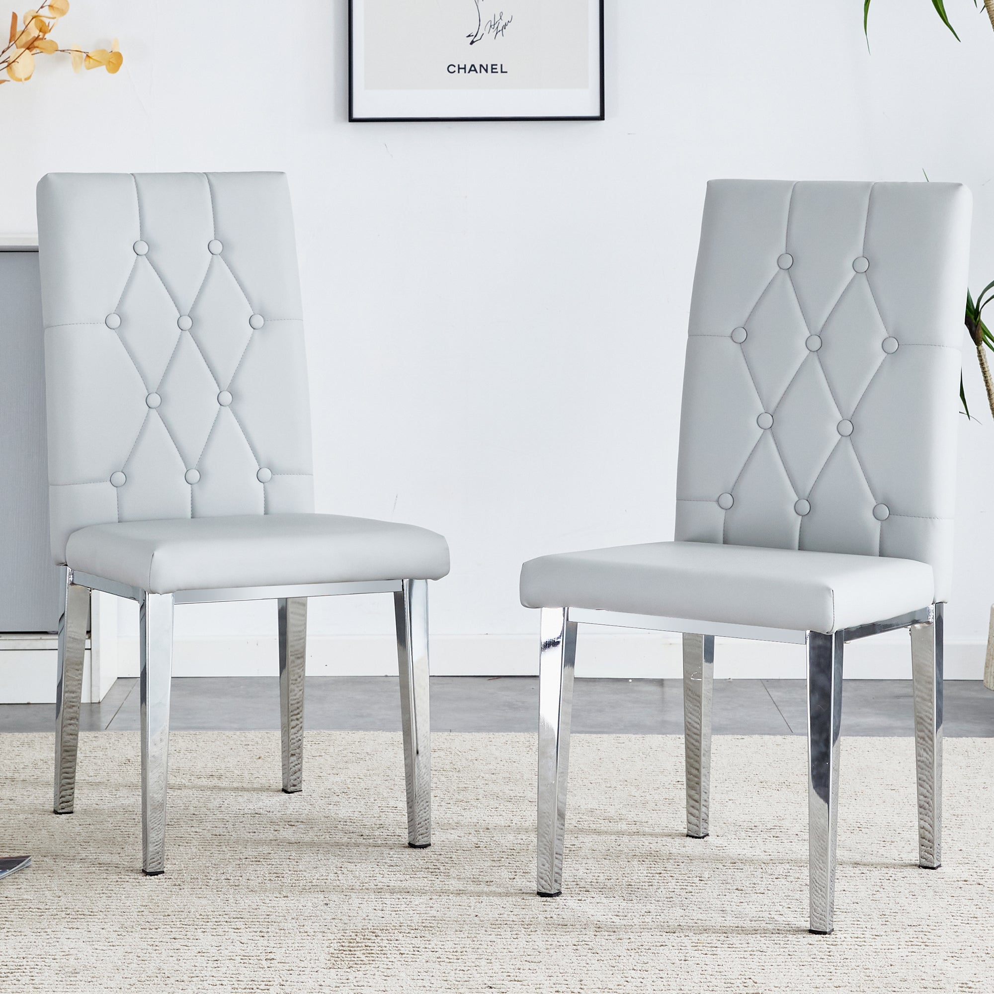 Modern 2-Piece Dining Chairs Set - Light Gray Faux Leather with Checkered Buckle Design for Kitchen, Dining Room & Office - Classic & Contemporary Style Home Furniture for Small Spaces