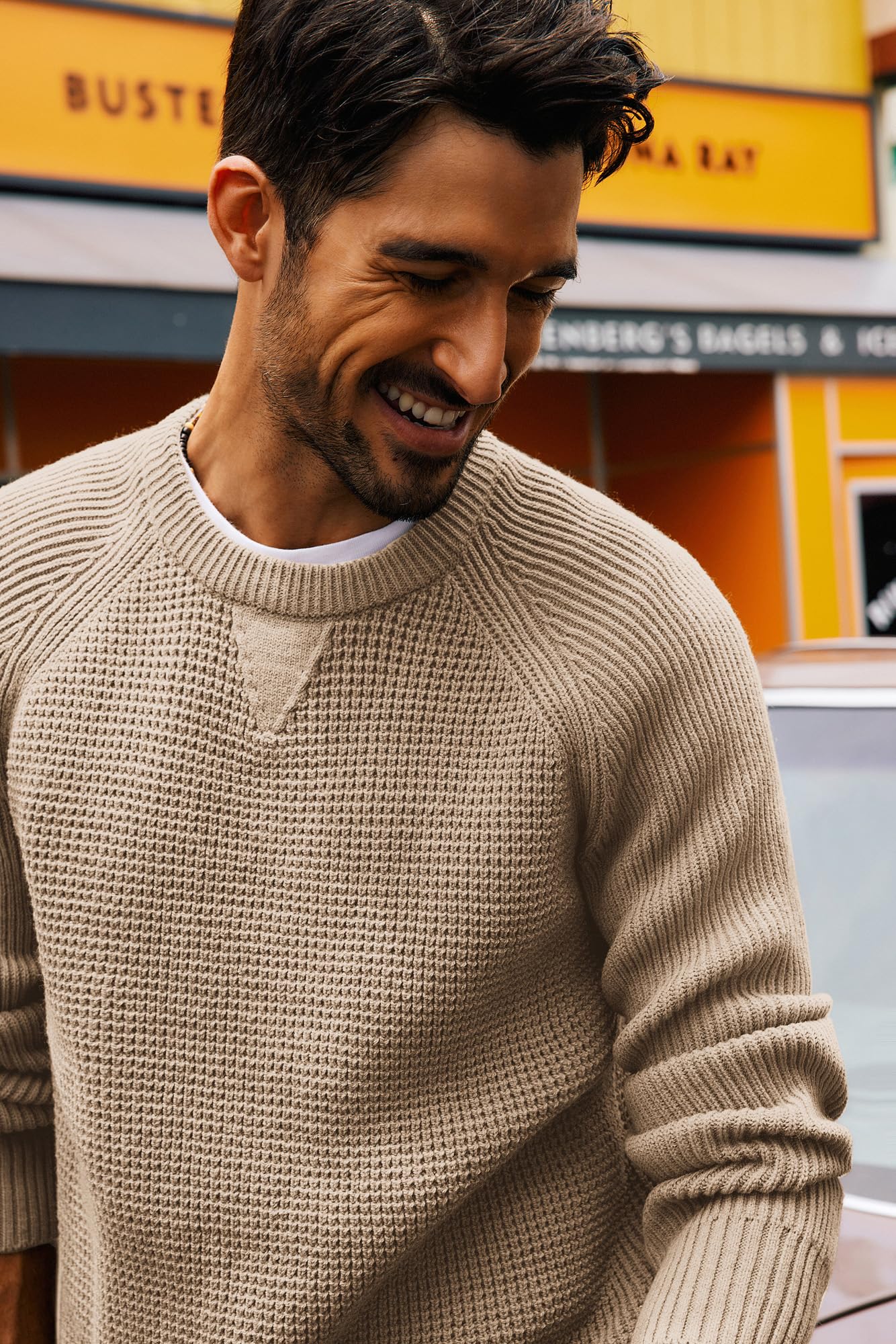PJ PAUL JONES Men's Waffle Knit Crewneck Sweater - Raglan Sleeve Pullover for Casual Wear, Office & Winter Outfits | Soft Knitwear for Men