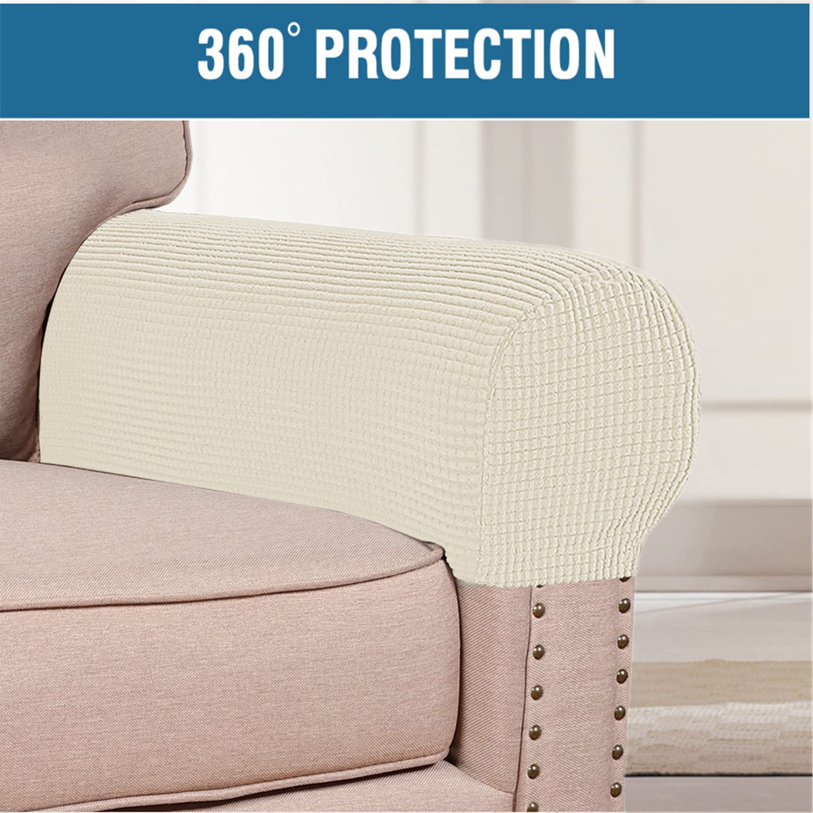 Stretch Spandex Armrest Covers for Chairs, Couches & Recliners - 2-Piece Set (Nature Color) - Soft Protective Slipcovers for Living Room Furniture & Office Chairs