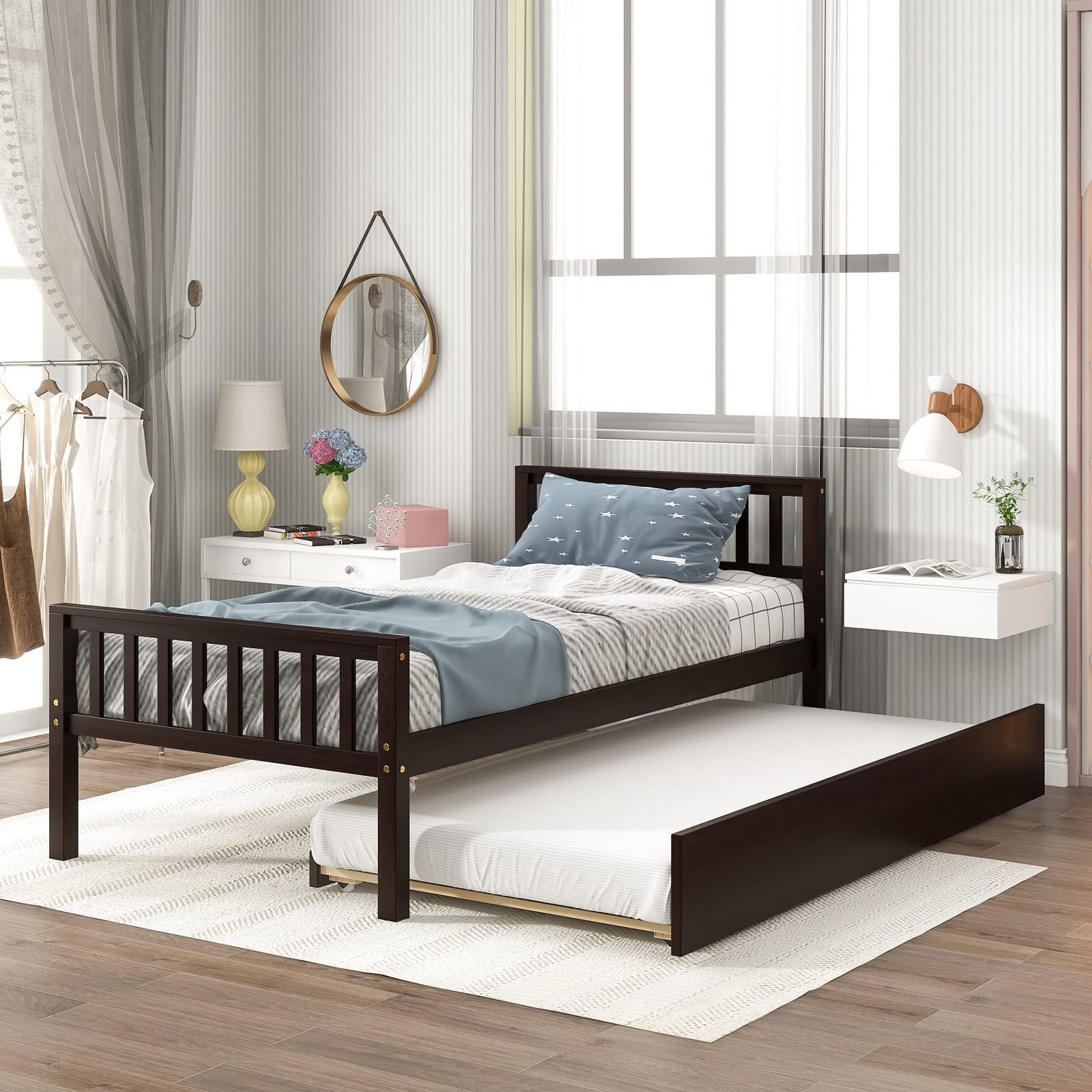**Twin Bed Frame with Trundle - Solid Wood Platform Bed with Headboard & Footboard, Wood Slat Support - No Box Spring Needed - Perfect for Small Bedrooms, Guest Rooms & Living Spaces**