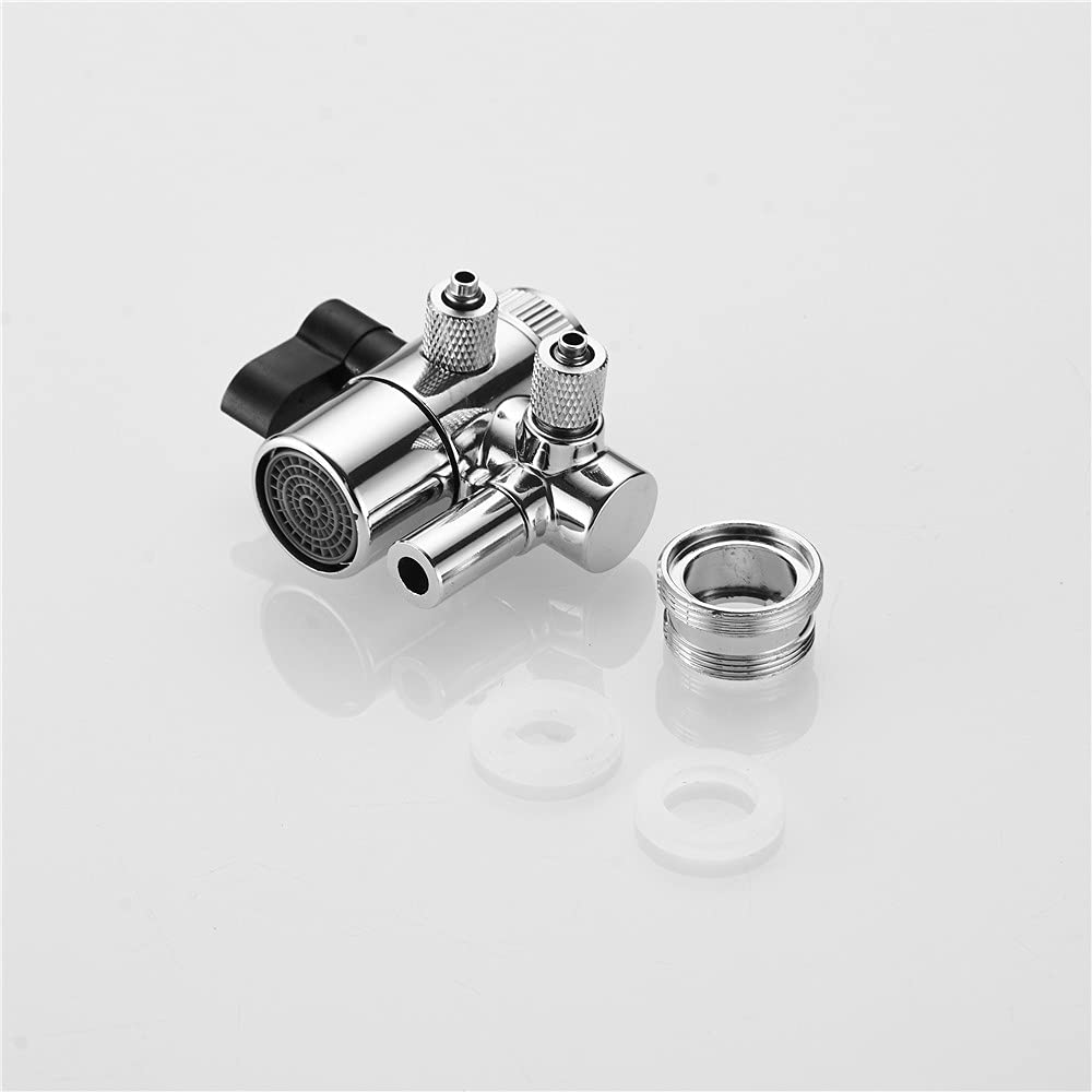 **2-Way Chrome Faucet Splitter with Diverter Valve - 1/4 inch Push-On Tubing Adapter for Sink Water Filter | Above Counter Kitchen Faucet Replacement Part | Perfect for Clean Drinking Water & Multi-Tasking**