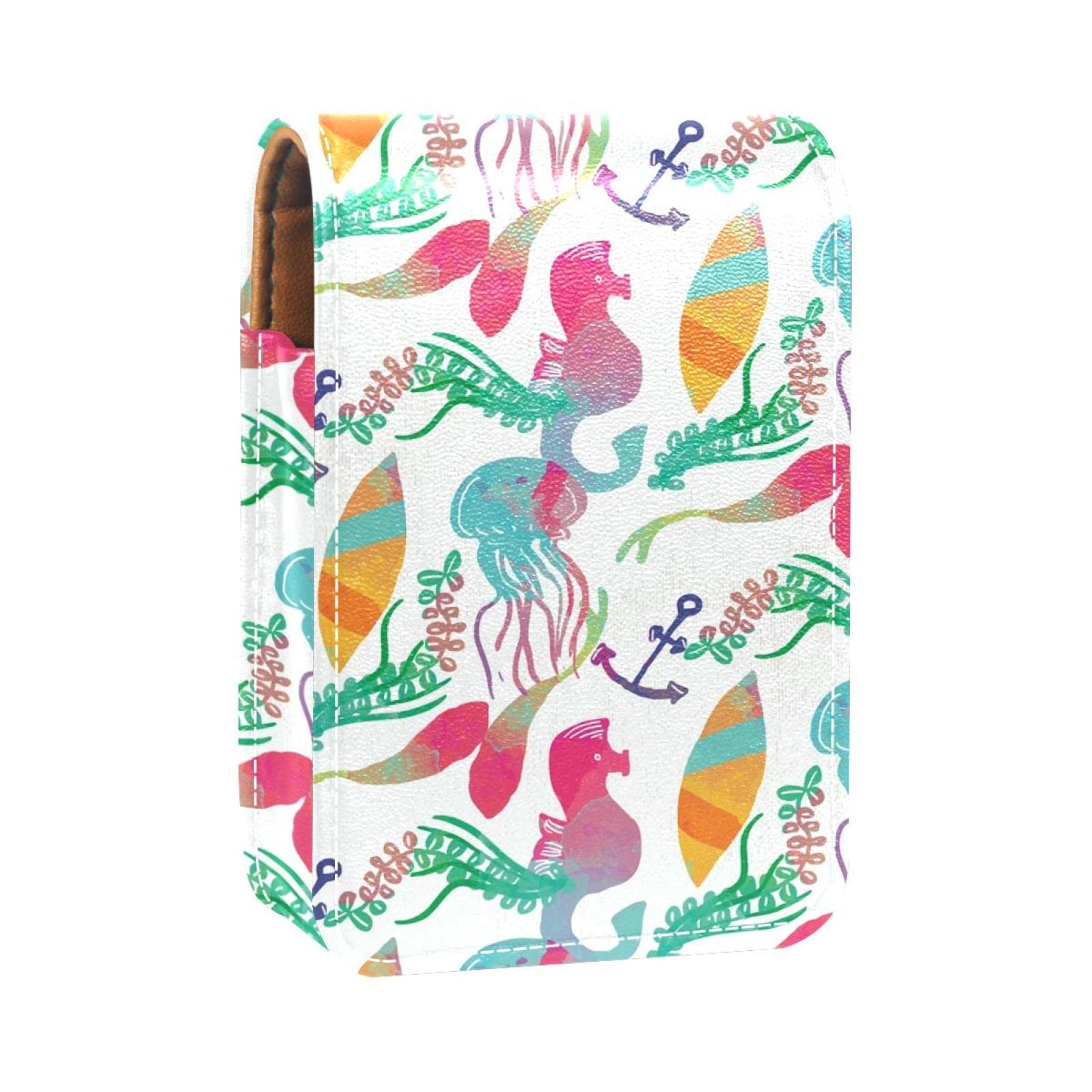 Personalized Lipstick Case - Portable Makeup Bag & Cosmetic Pouch Organizer with Watercolor Seahorse Jellyfish Design | Perfect for Travel, Daily Use & Gift Giving