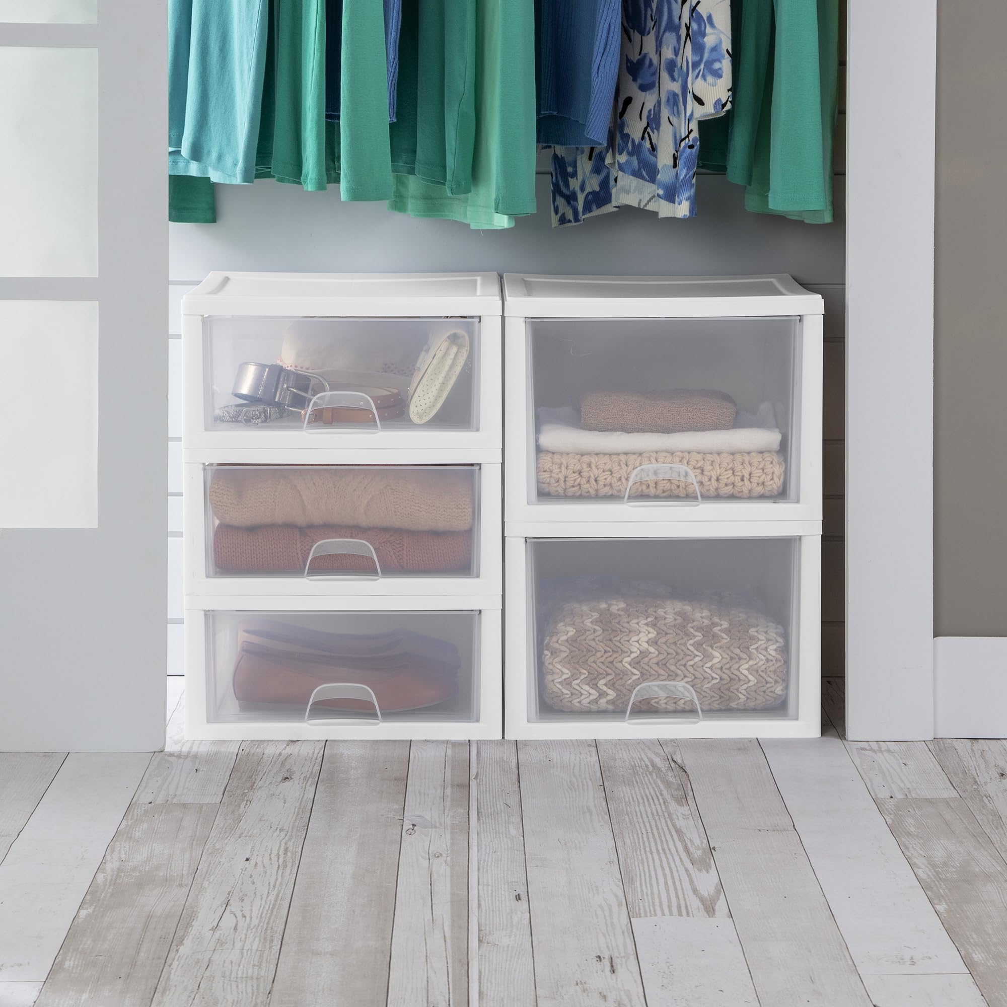 Sterilite 12-Pack Clear Plastic Stackable Drawers - 16 Quart Storage Bins with White Frame for Closet, Bedroom & Office Organization | Space-Saving Home Organizer Solution